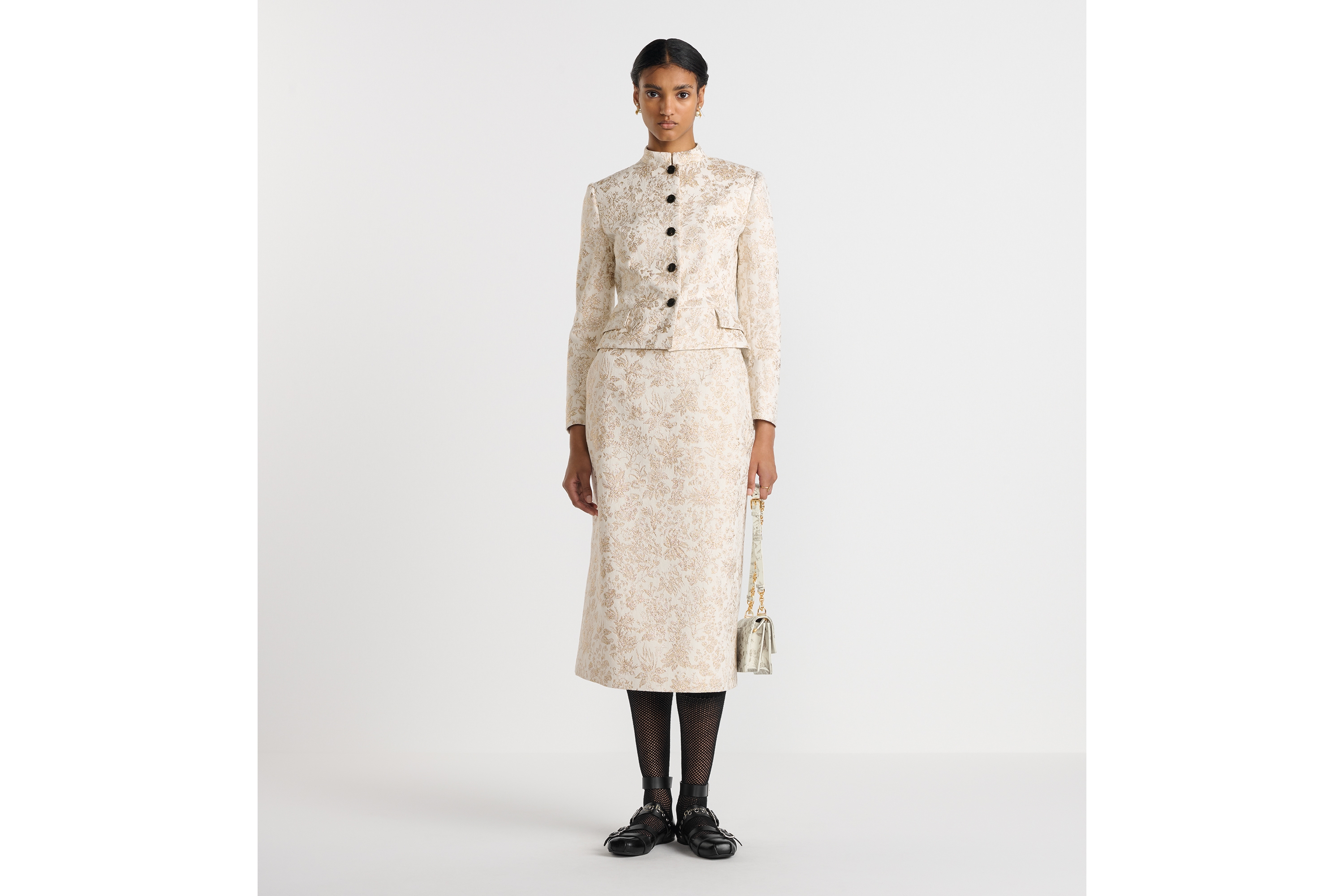 Mid-Length Straight-Cut Skirt White Technical Jacquard with