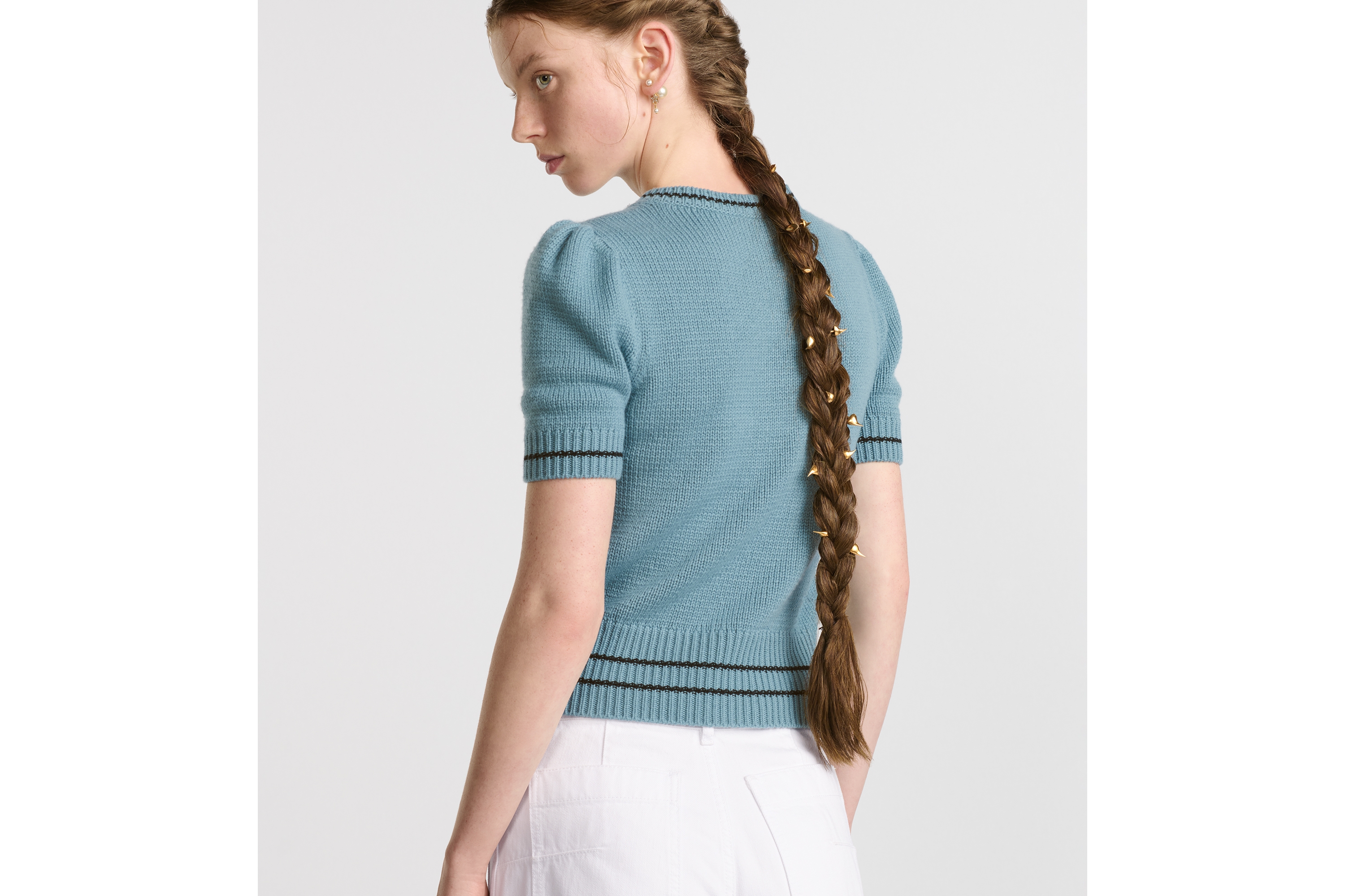 Look Short-Sleeved Sweater Blue Wool and Cashmere Knit E06