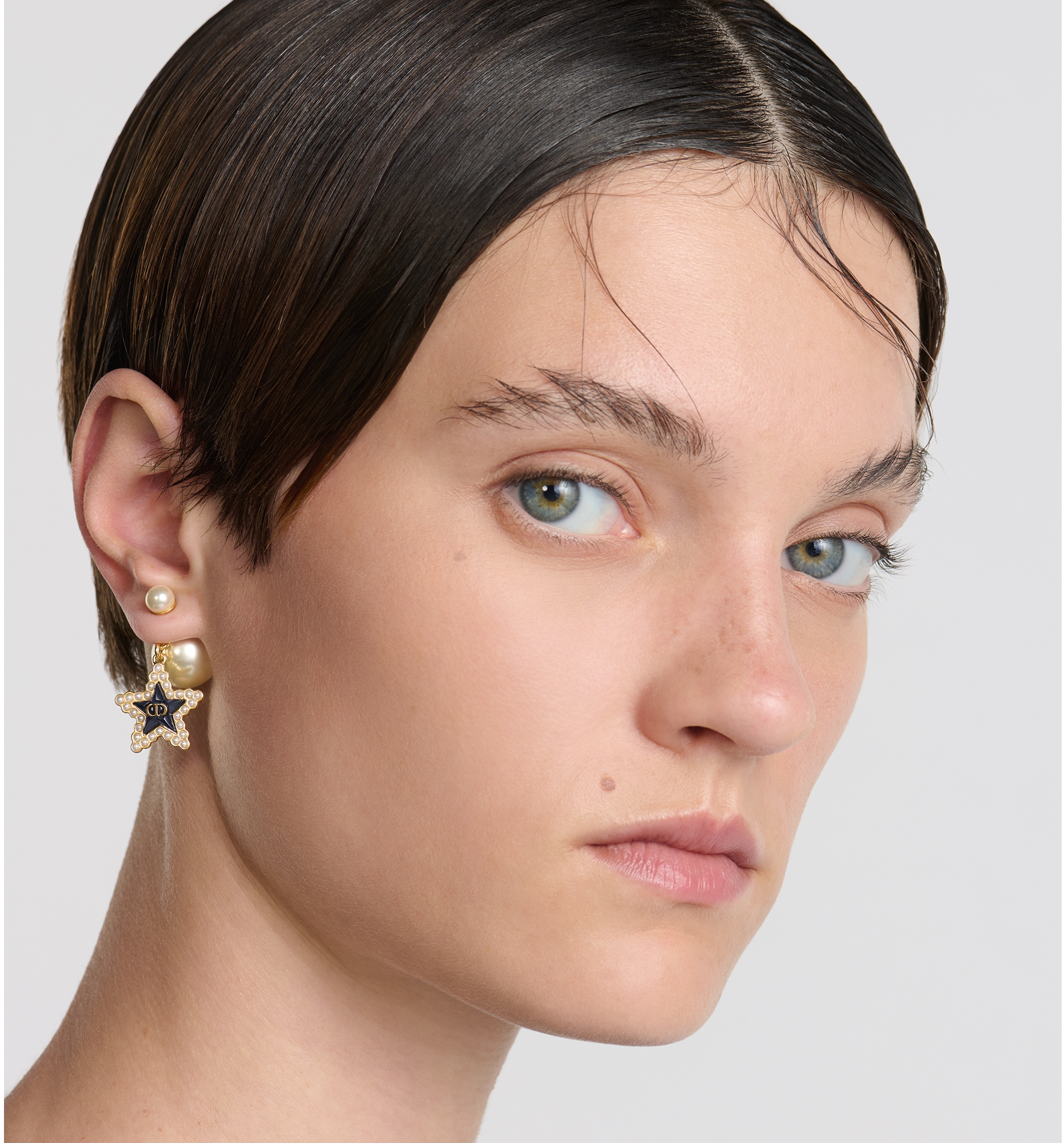 DIOR Tribales Earrings Gold Finish Metal With White Resin Pearls And Deep Ocean Blue Glass Women