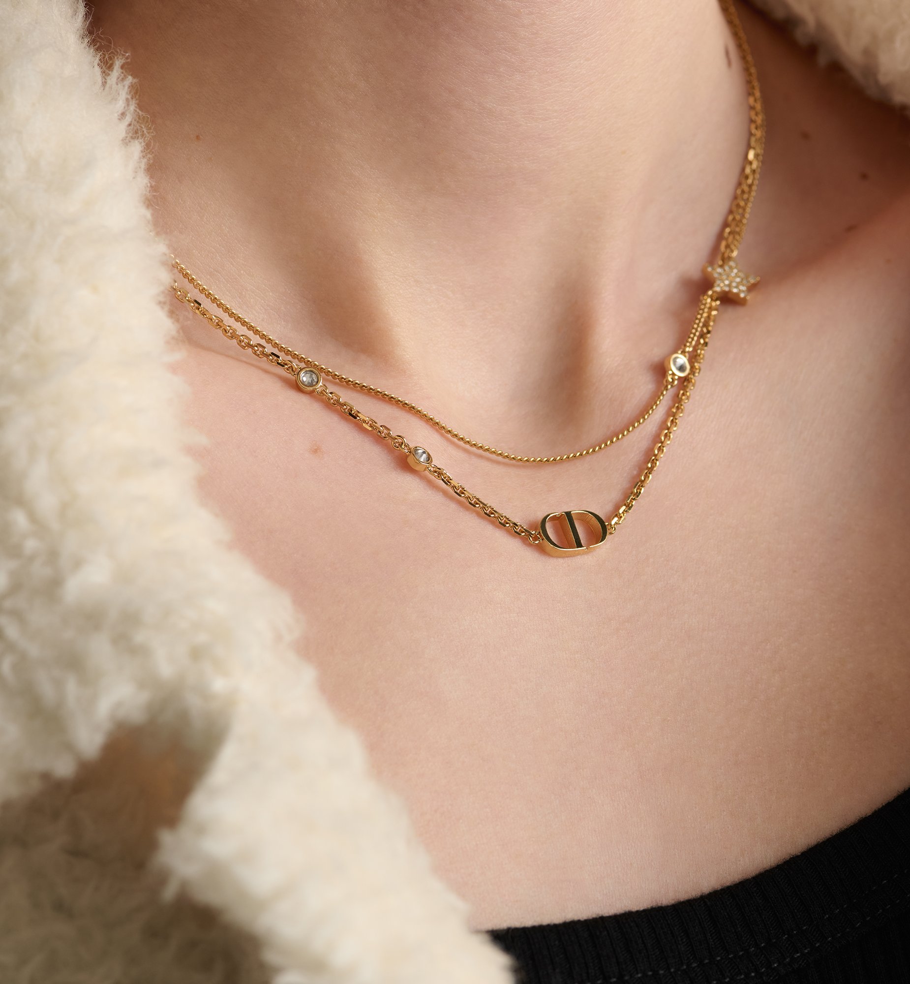 Petit CD Double Necklace Gold-Finish Metal and White Petit CD Double Necklace Gold-Finish Metal and White