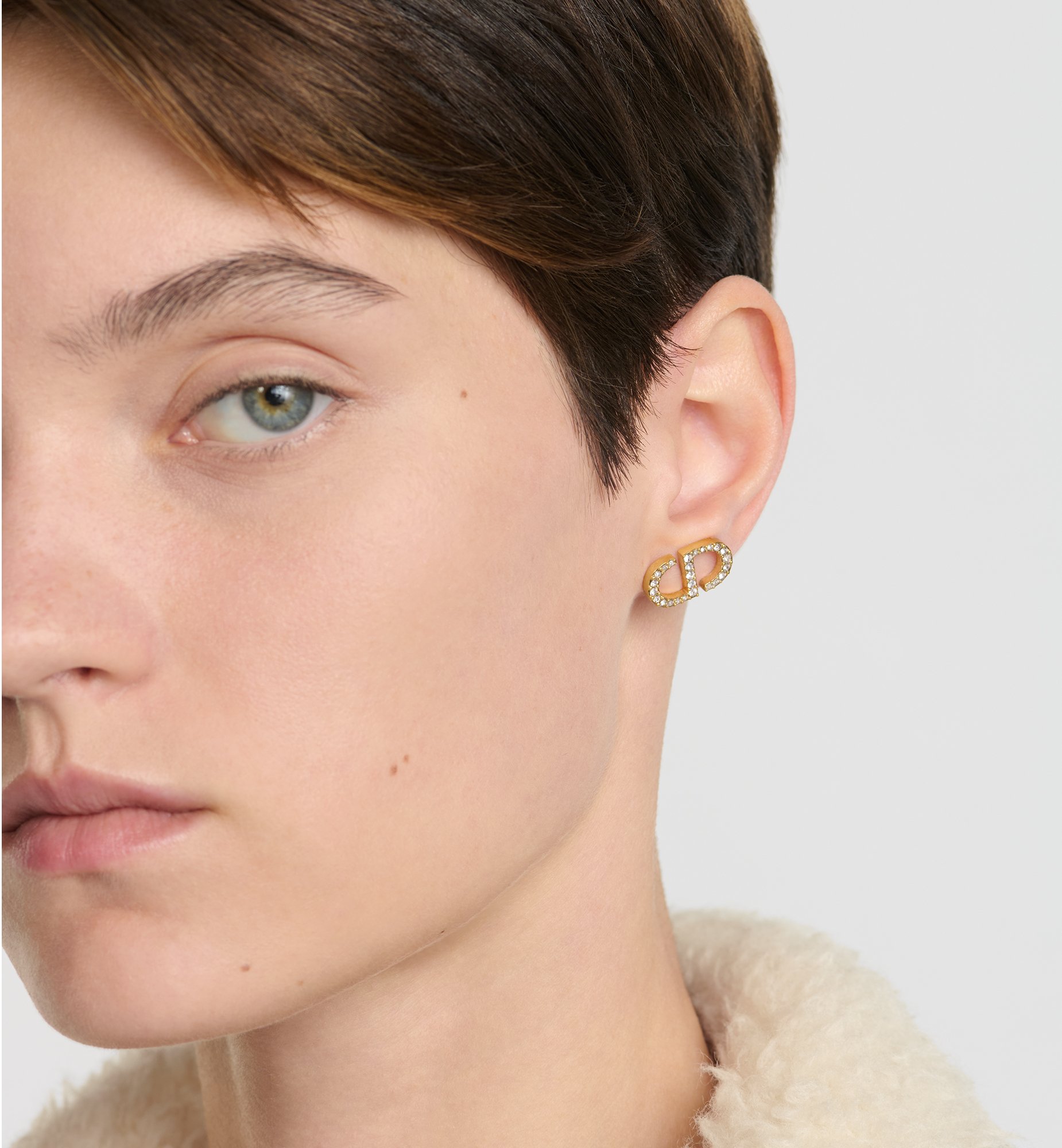 Petit CD Stud Earrings Gold-Finish Metal and White Crystals Petit CD Stud Earrings Gold-Finish Metal and White Crystals