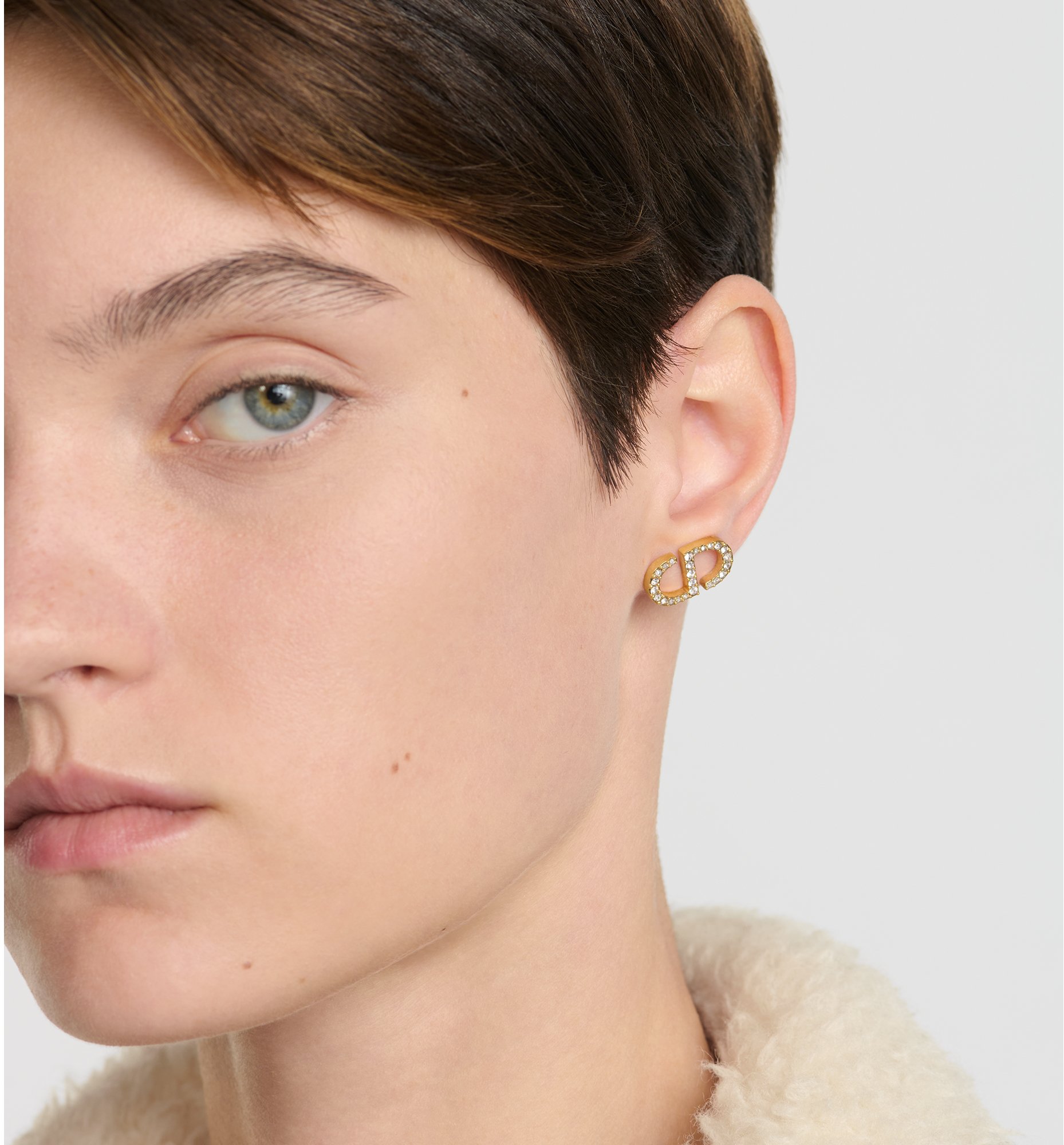 Petit CD Stud Earrings Gold-Finish Metal and White Crystals