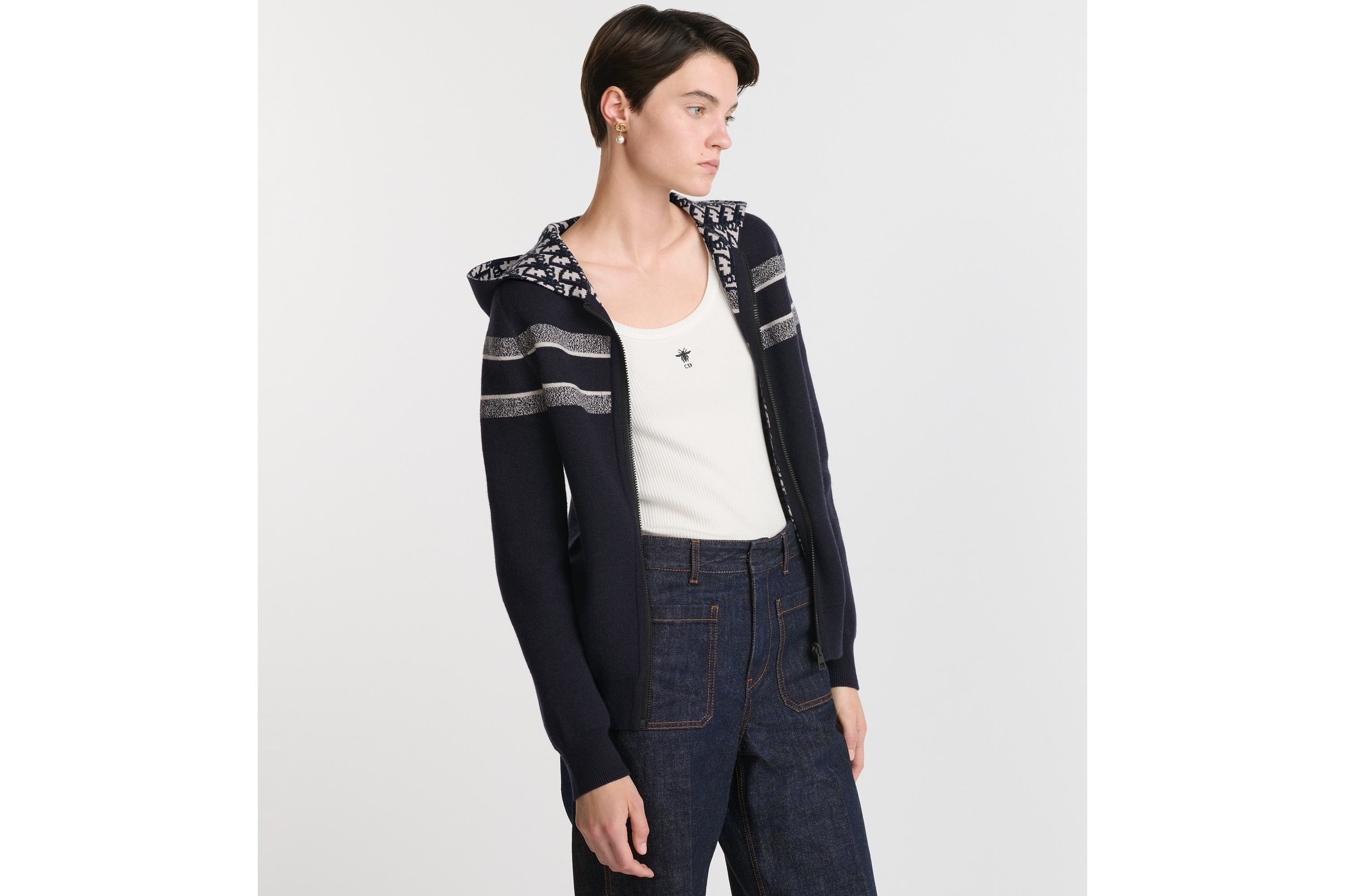 look_image_alt_prefix Cardigã reversível com zíper e capuz Malha com mescla de cashmere azul com motivo Dior Oblique E04