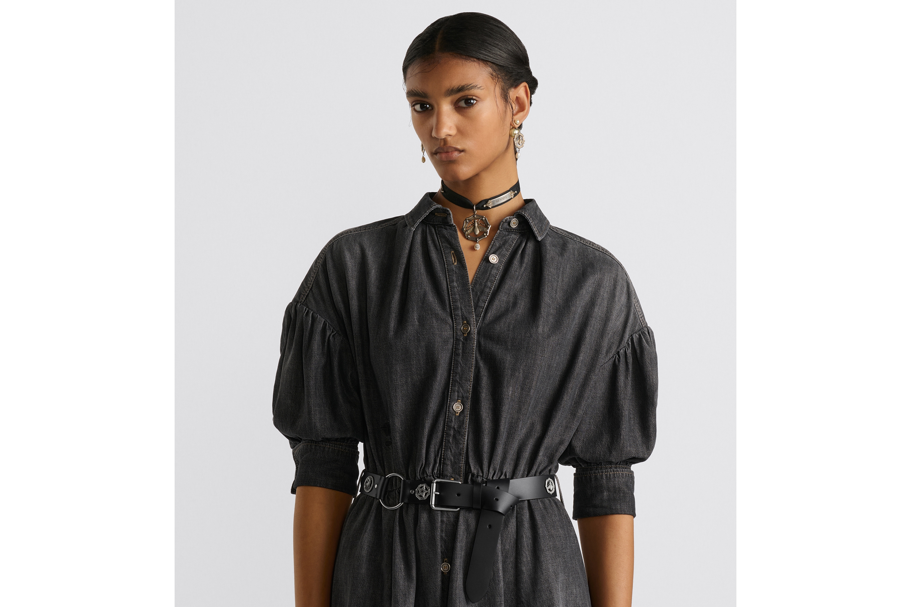 Look Flared Mid-Length Dress Black Stonewashed Cotton Denim E04