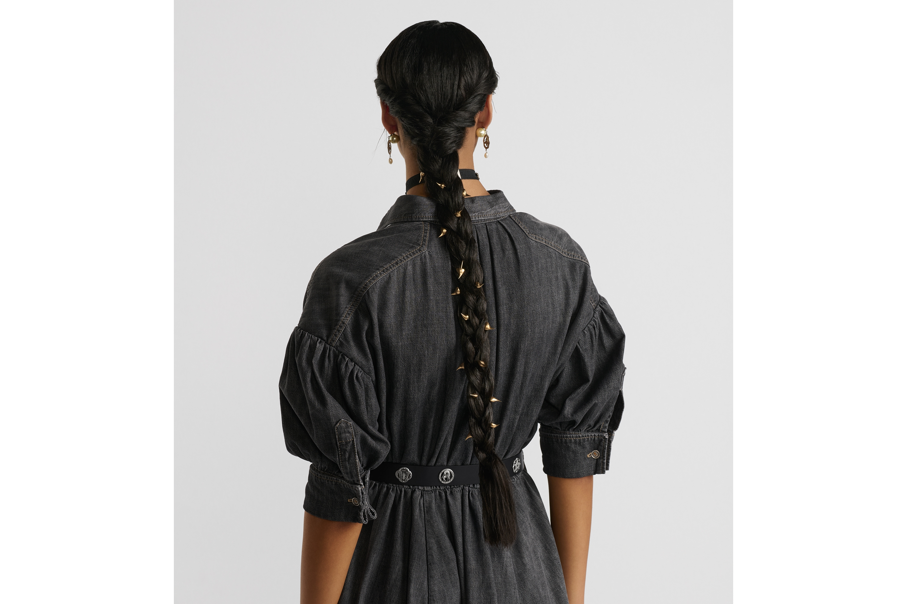 Look Flared Mid-Length Dress Black Stonewashed Cotton Denim E06