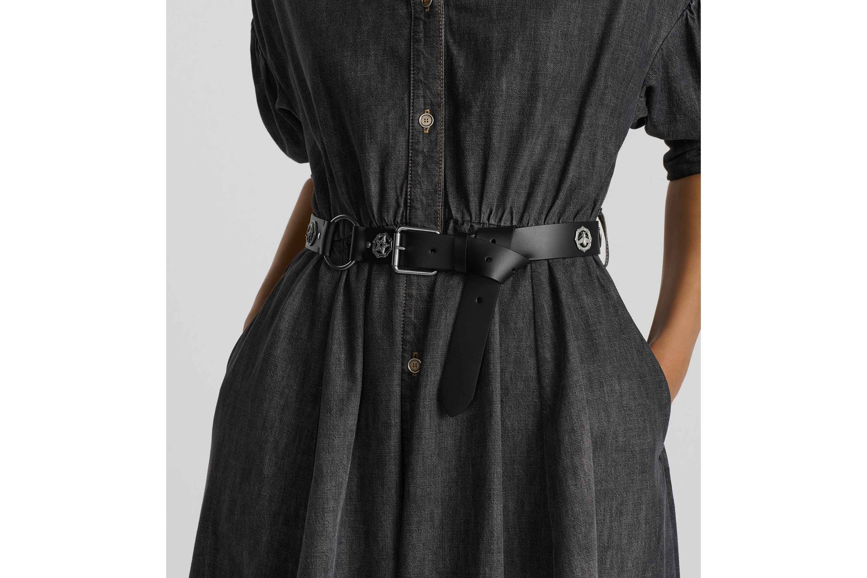 Look Flared Mid-Length Dress Black Stonewashed Cotton Denim E13