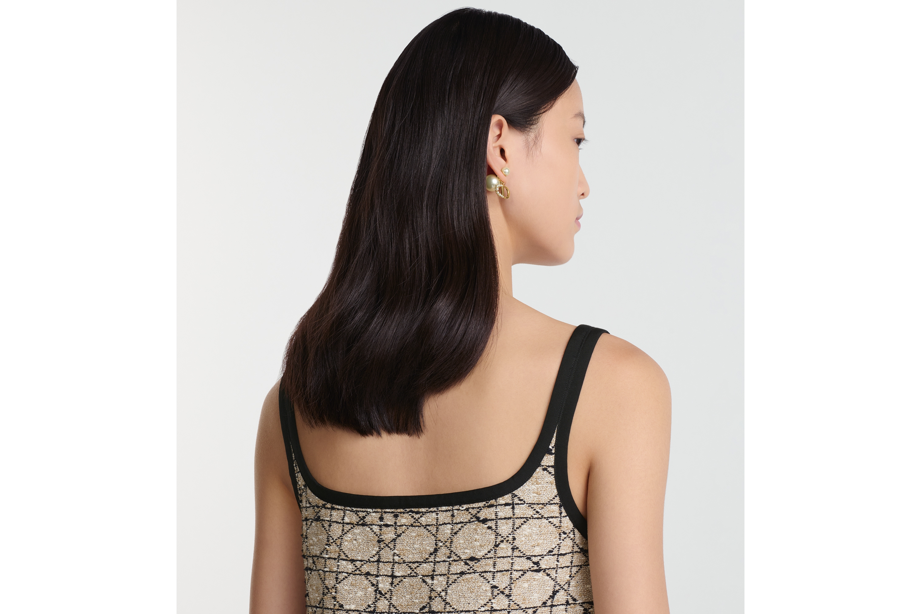 Look Short Flared Cannage Dress Beige and Black Cotton-Blend Tweed E06