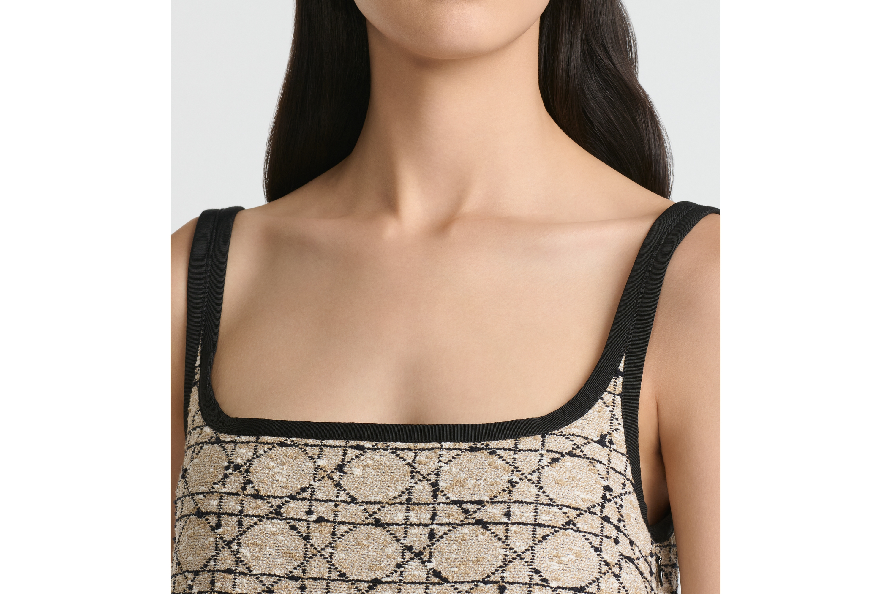 Look Short Flared Cannage Dress Beige and Black Cotton-Blend Tweed E12