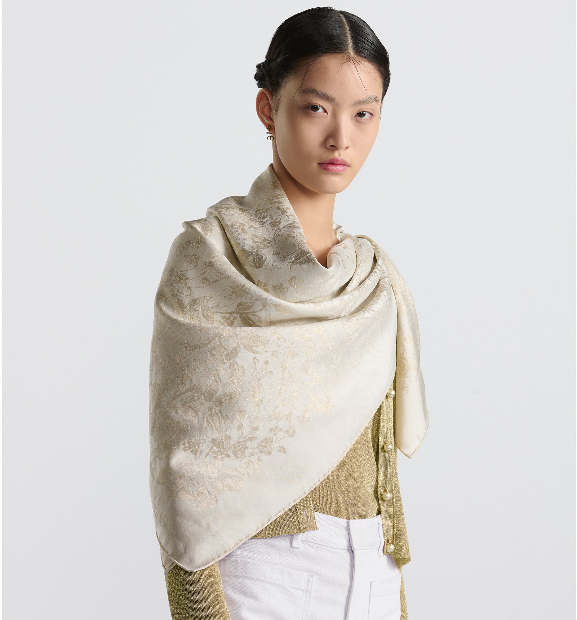 Carré 140 Dior Around The World Twill de soie ivoire et fils métallisés ...