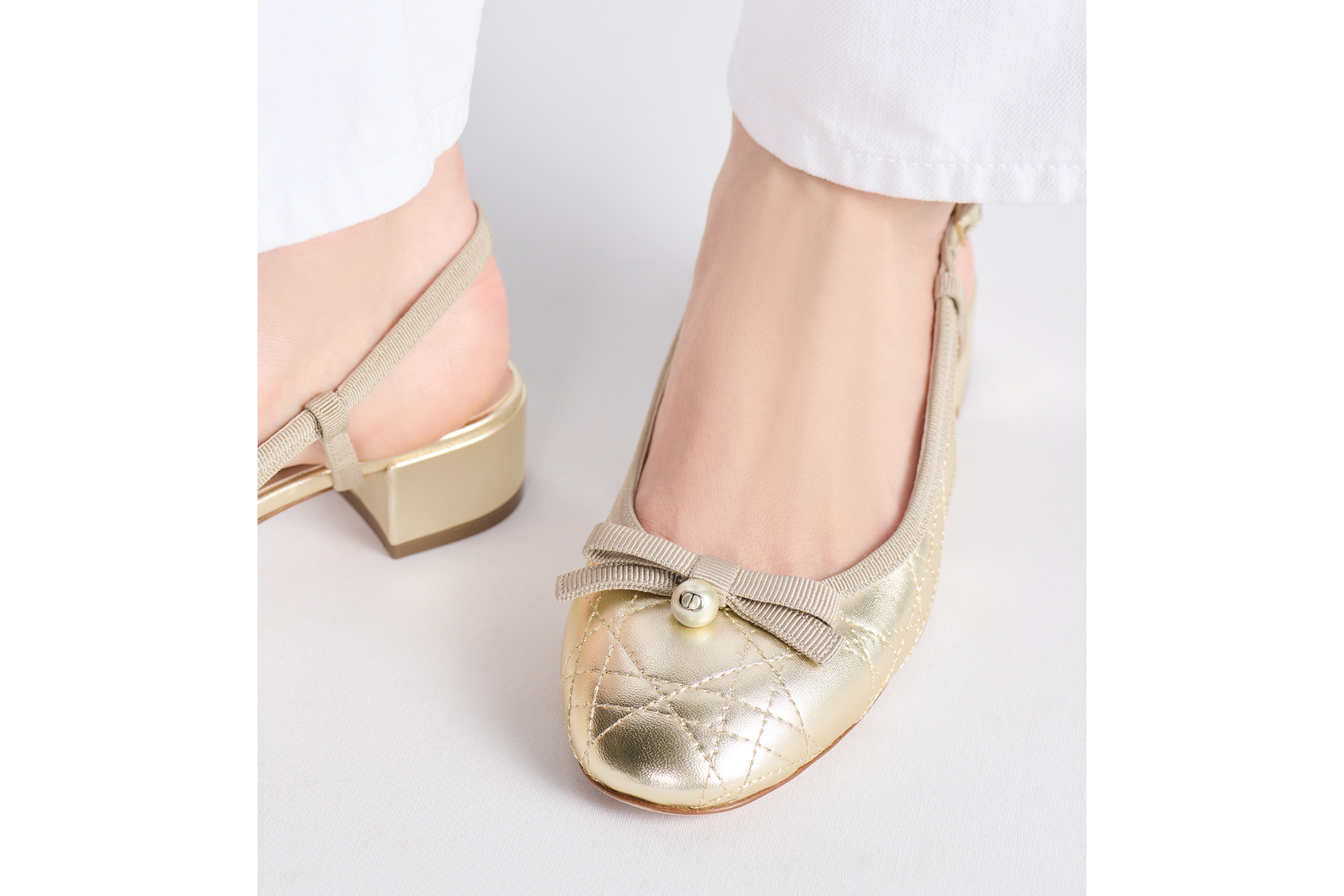 Look Dior Ballet Slingback Pump Gold-Tone Laminated Lambskin with Quilted Cannage Motif E15