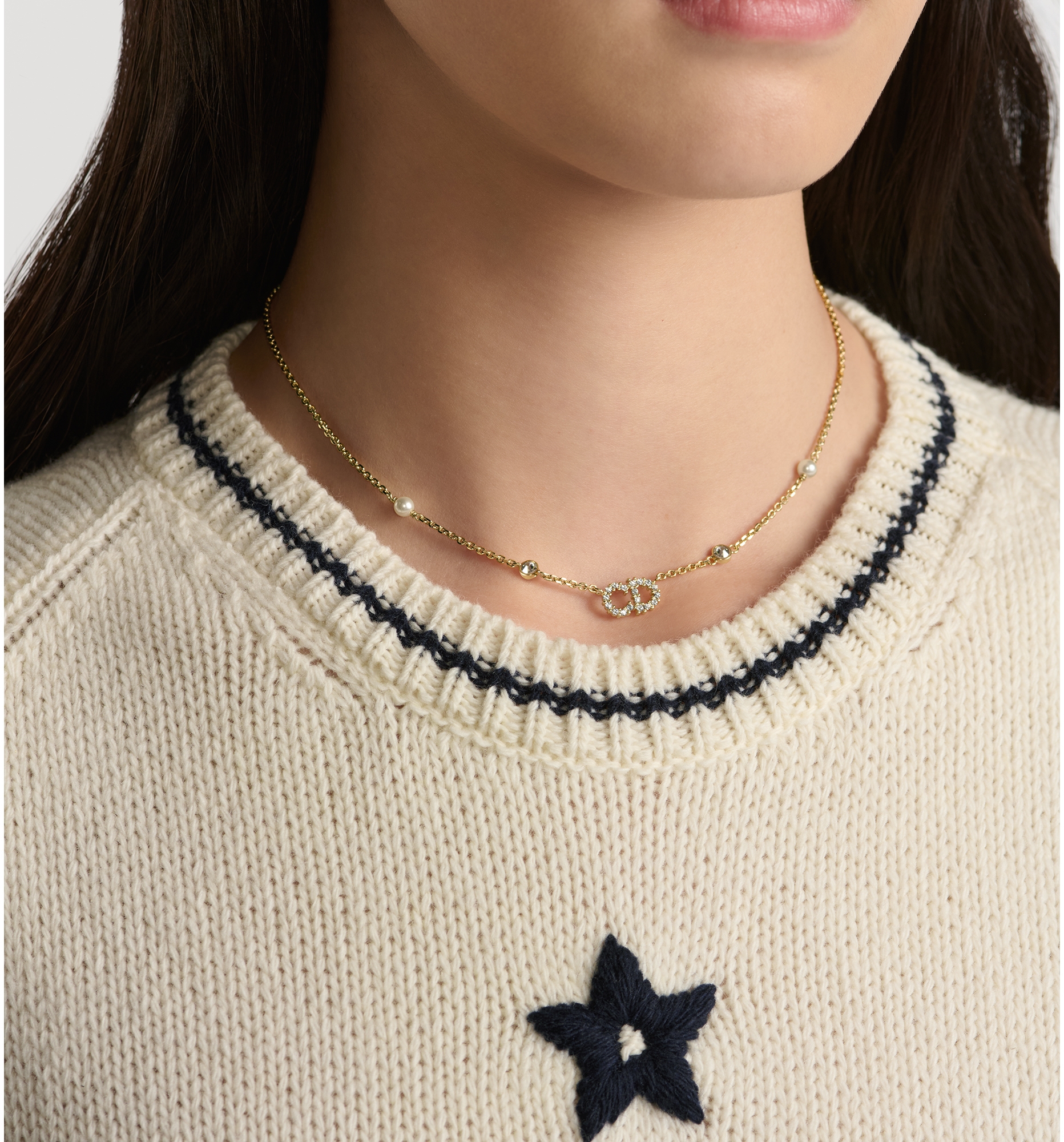 Clair D Lune Necklace Gold Finish Metal White Resin Pearls and White Crystals DIOR