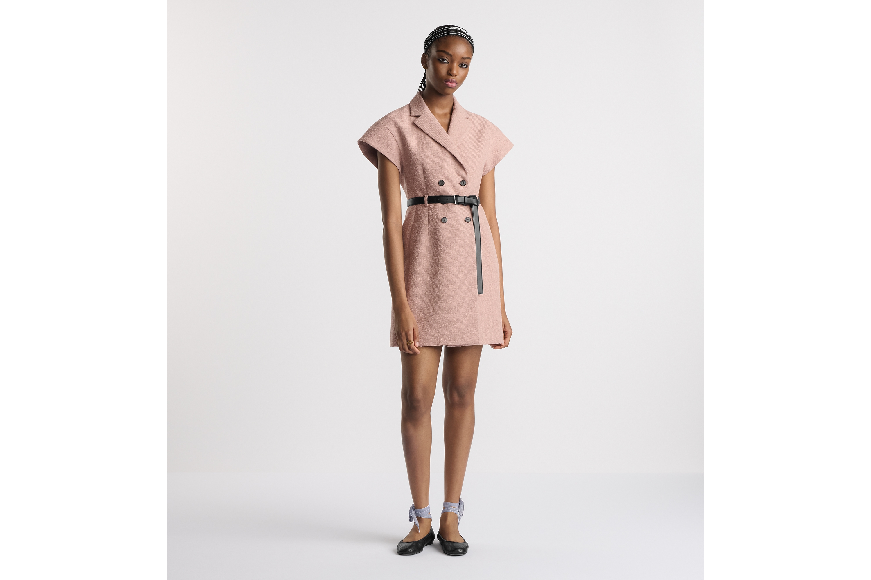 Look Short Belted Dress Peach Blossom Pink Virgin Wool-Cotton-Blend Bouclé E01