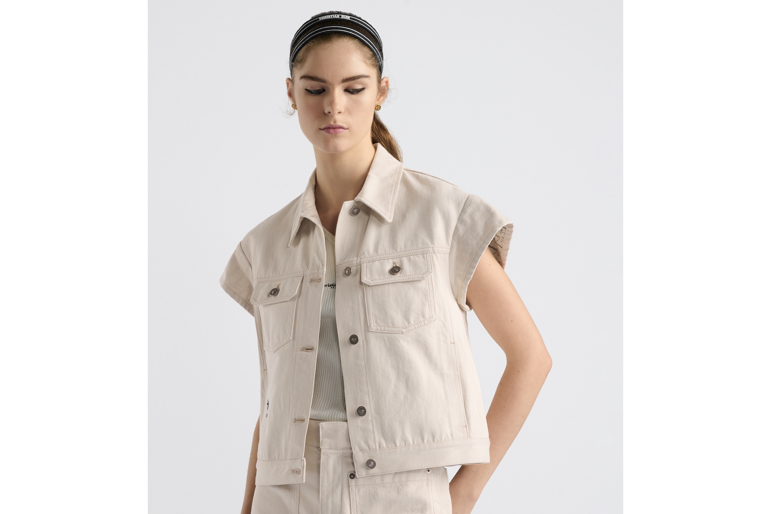 Look Jacket with Cap Sleeves Ecru Cotton Denim with Dior Oblique Interior E04