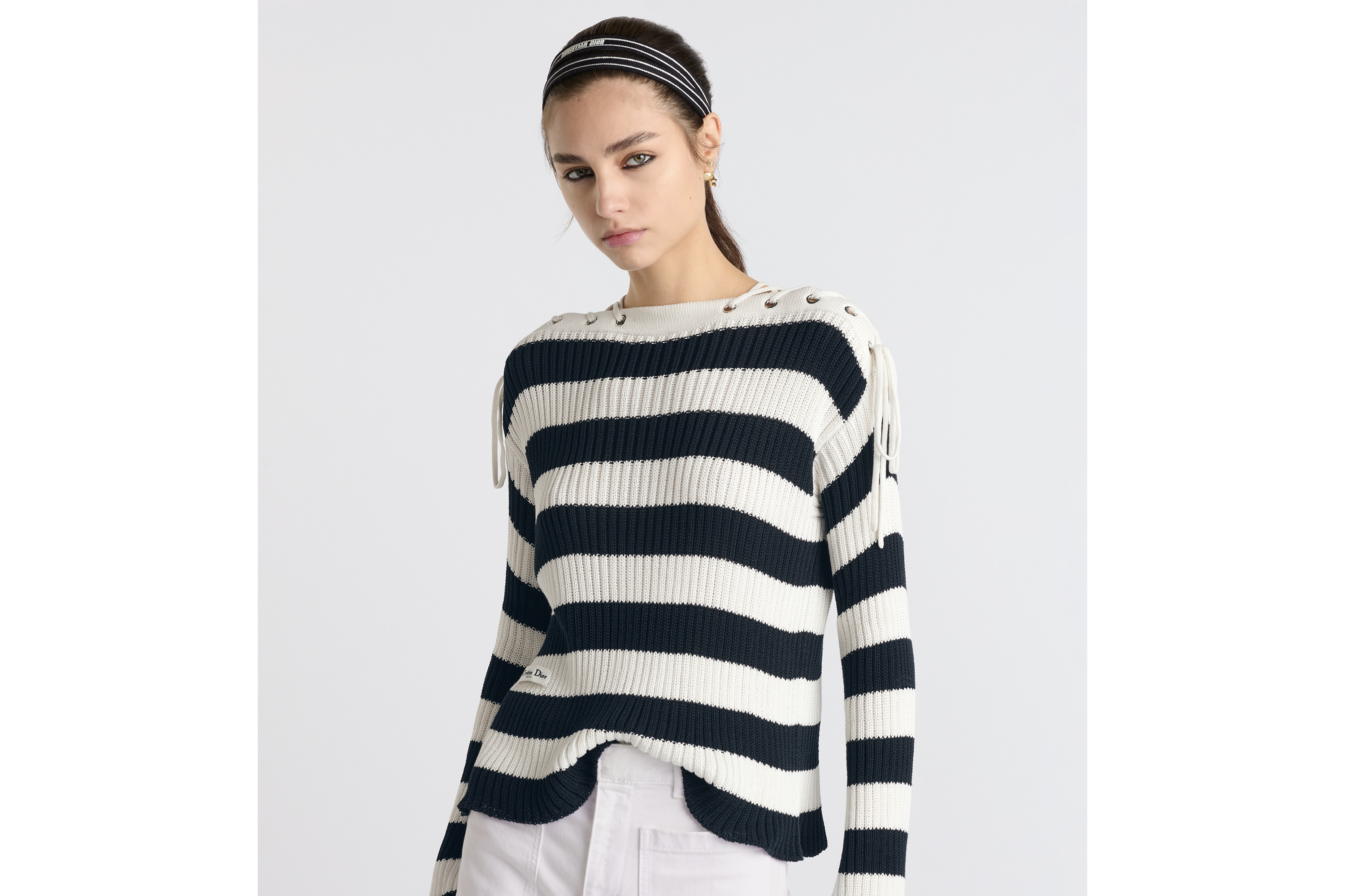 Dior Marinière Sweater White and Navy Blue Ribbed Cotton Knit | DIOR