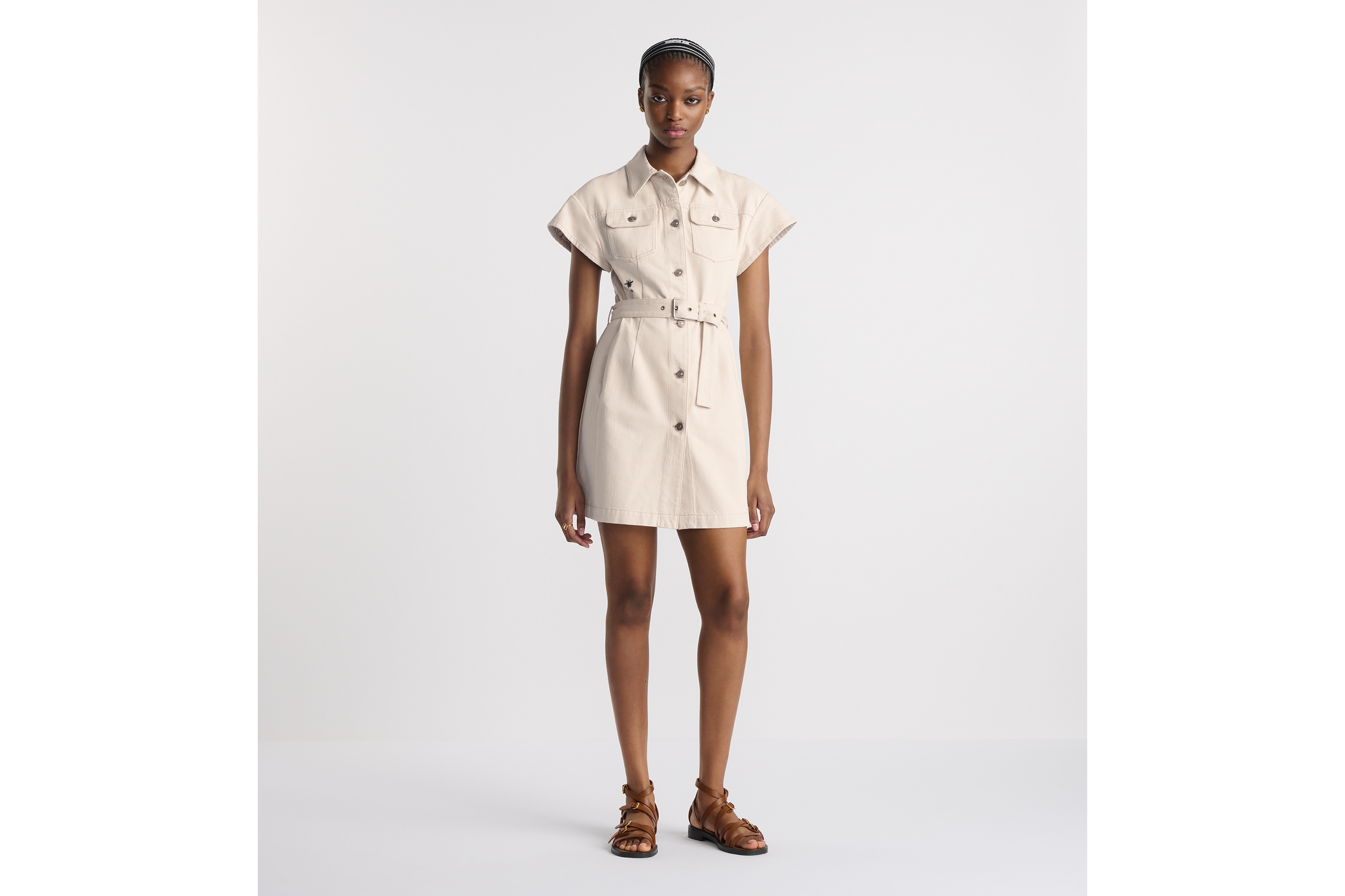 Look Short Belted Shirtdress Ecru Cotton Denim with Dior Oblique Interior E01