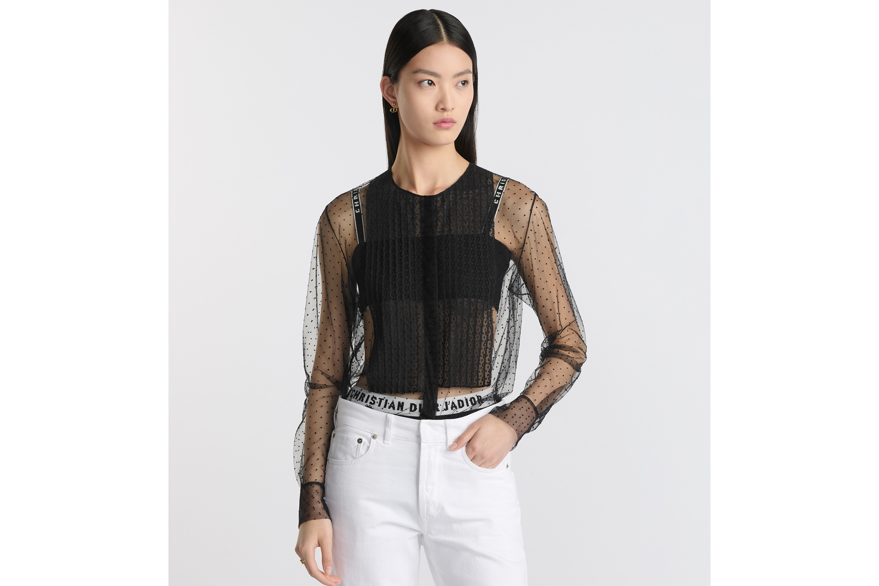 Look Blouse transparente à plastron intégré Tulle plumetis noir E04