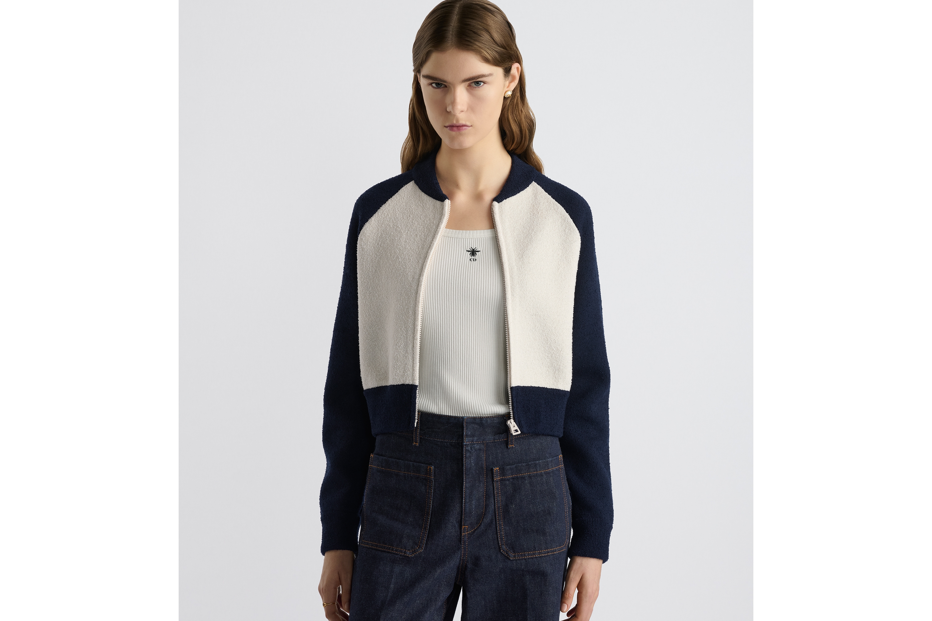 Look Christian Dior 8 Bomber Jacket Ecru and Blue Virgin Wool-Blend Knit E04