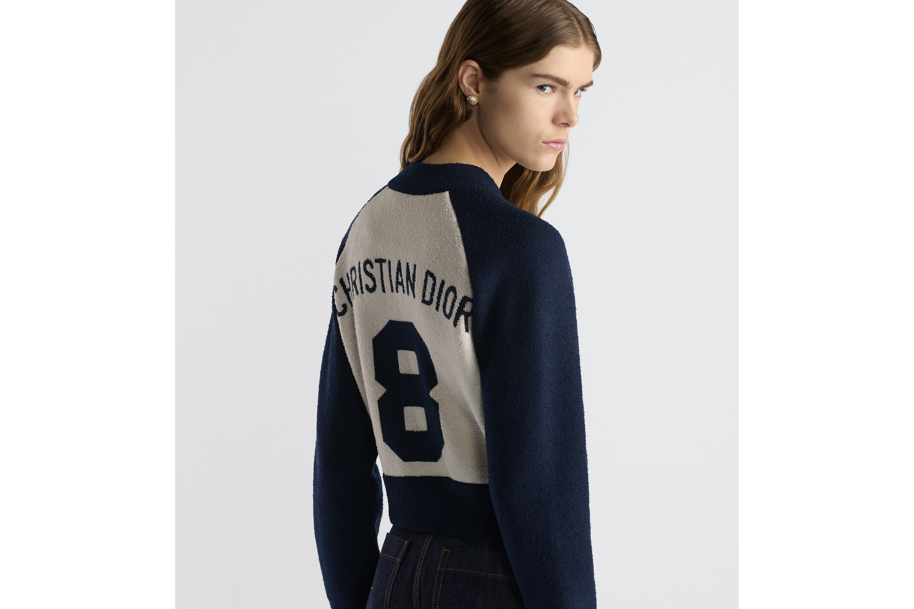 Look Christian Dior 8 Bomber Jacket Ecru and Blue Virgin Wool-Blend Knit E06