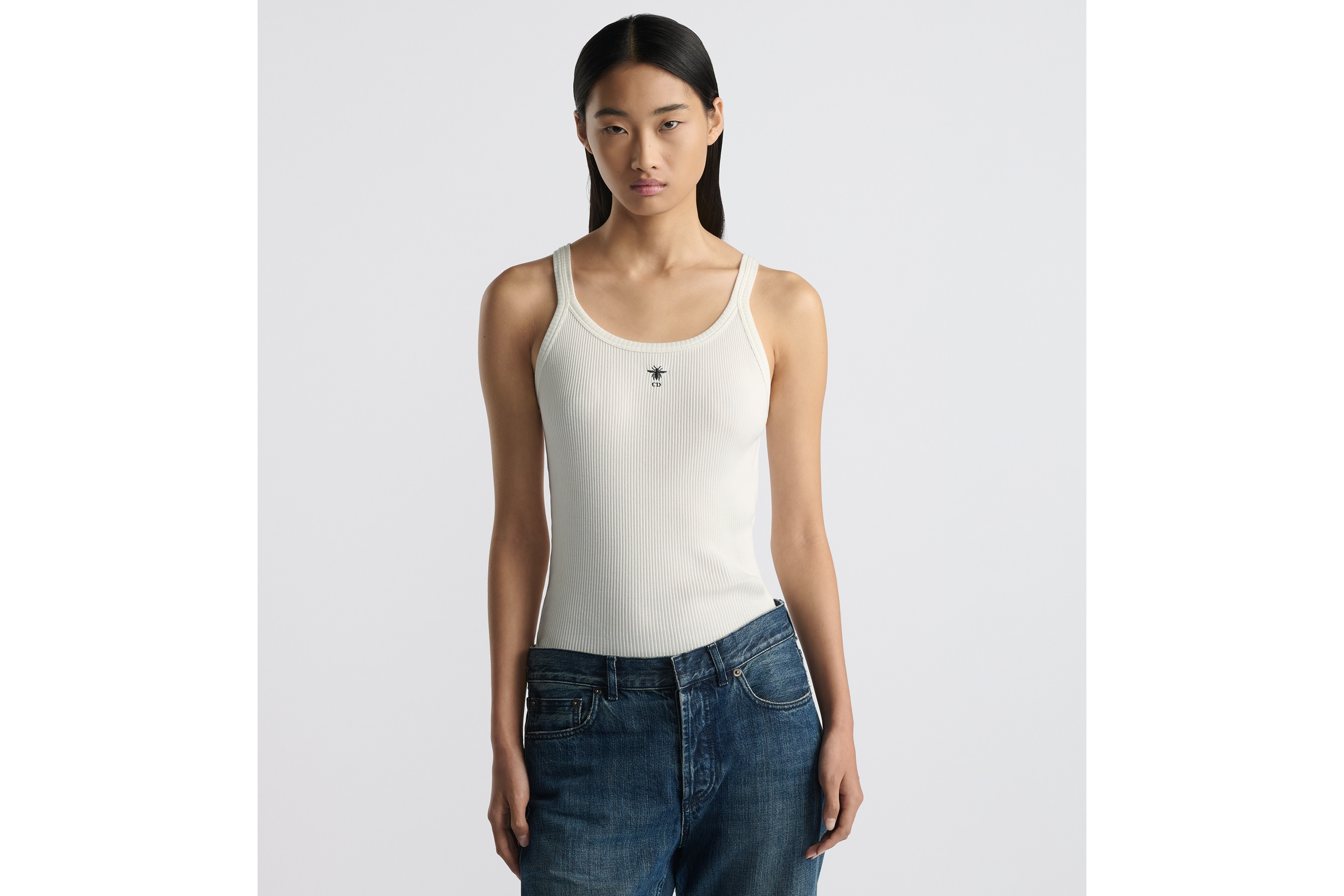 Look Tank Top White Ribbed Cotton Jersey E04