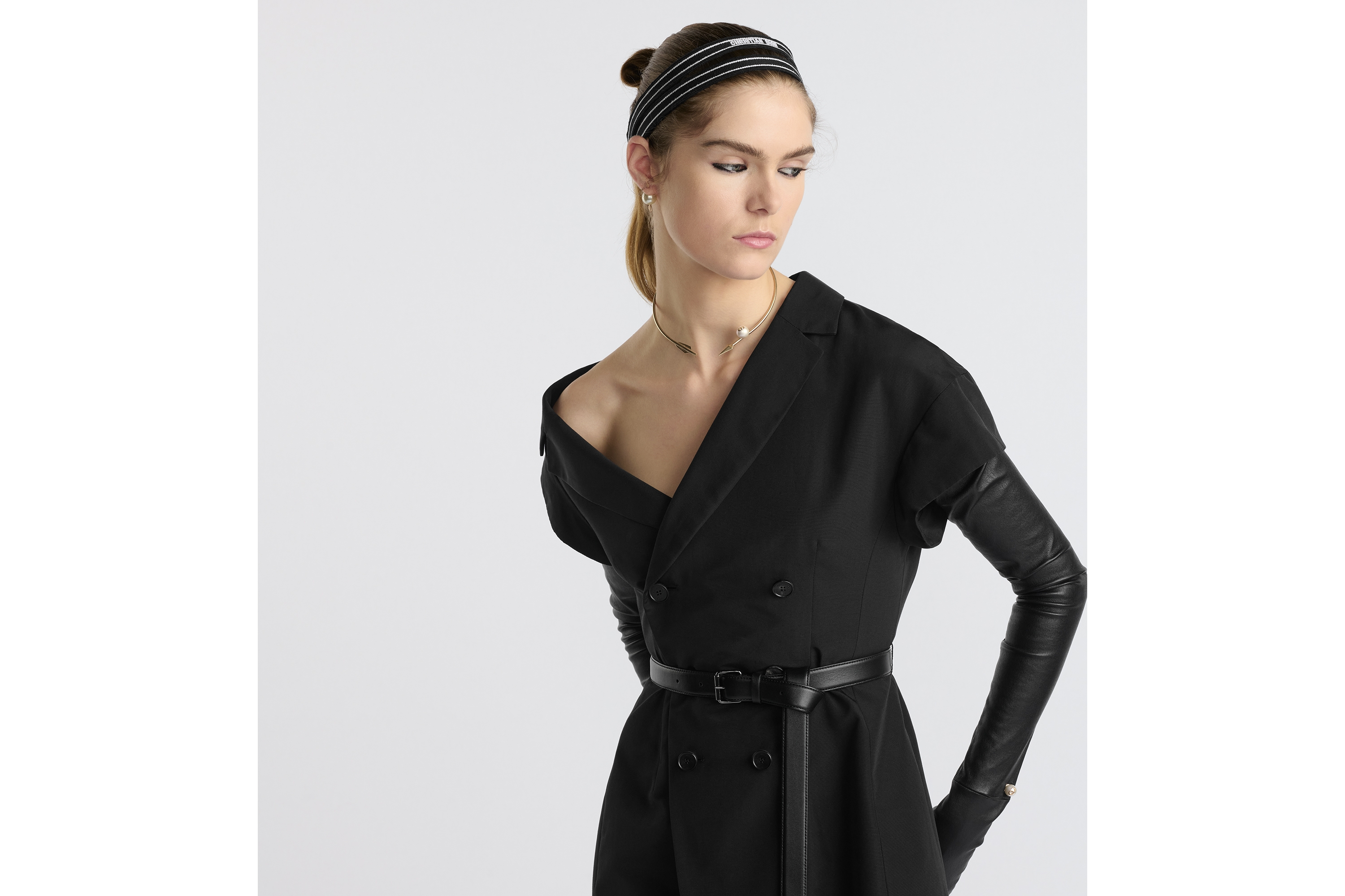 Look Mid-Length Asymmetric Dress Black Silk and Cotton Faille E04