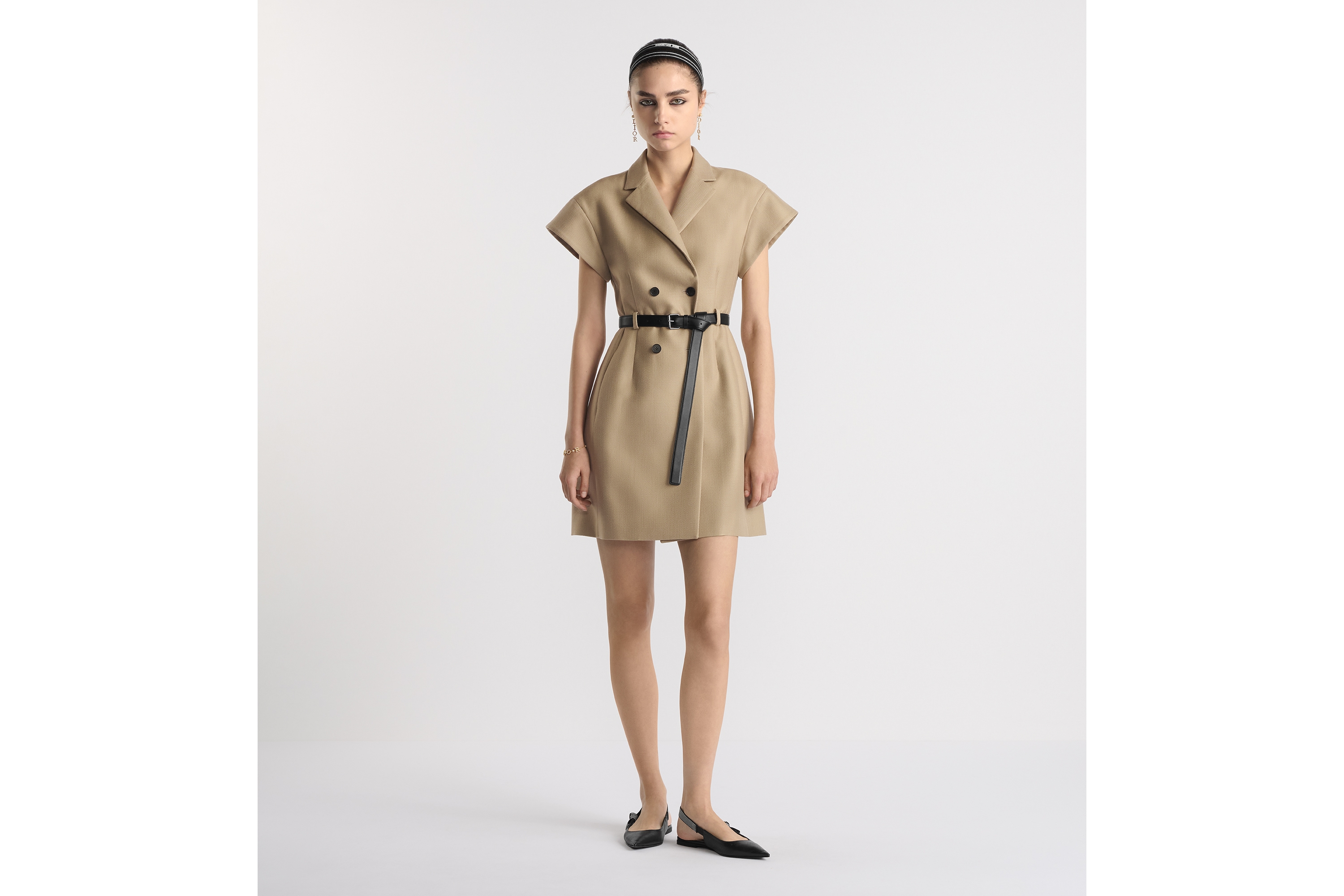 Look Short Belted Dress Beige Virgin Wool and Silk Grain de Poudre E01