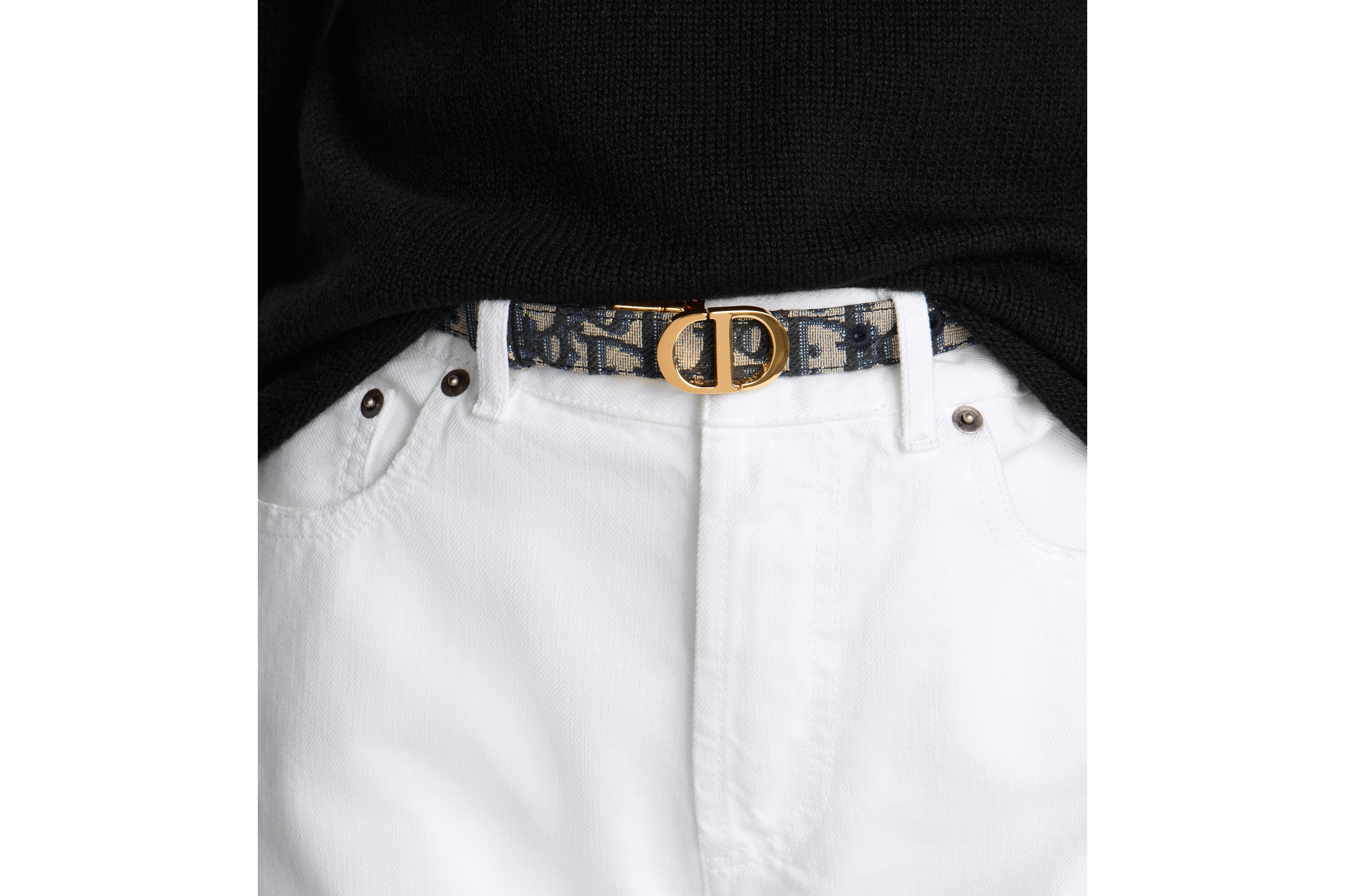 look_image_alt_prefix 30 Montaigne 雙面皮帶 藍色光滑小牛皮和 Dior Oblique 緹花，20 公釐 E13