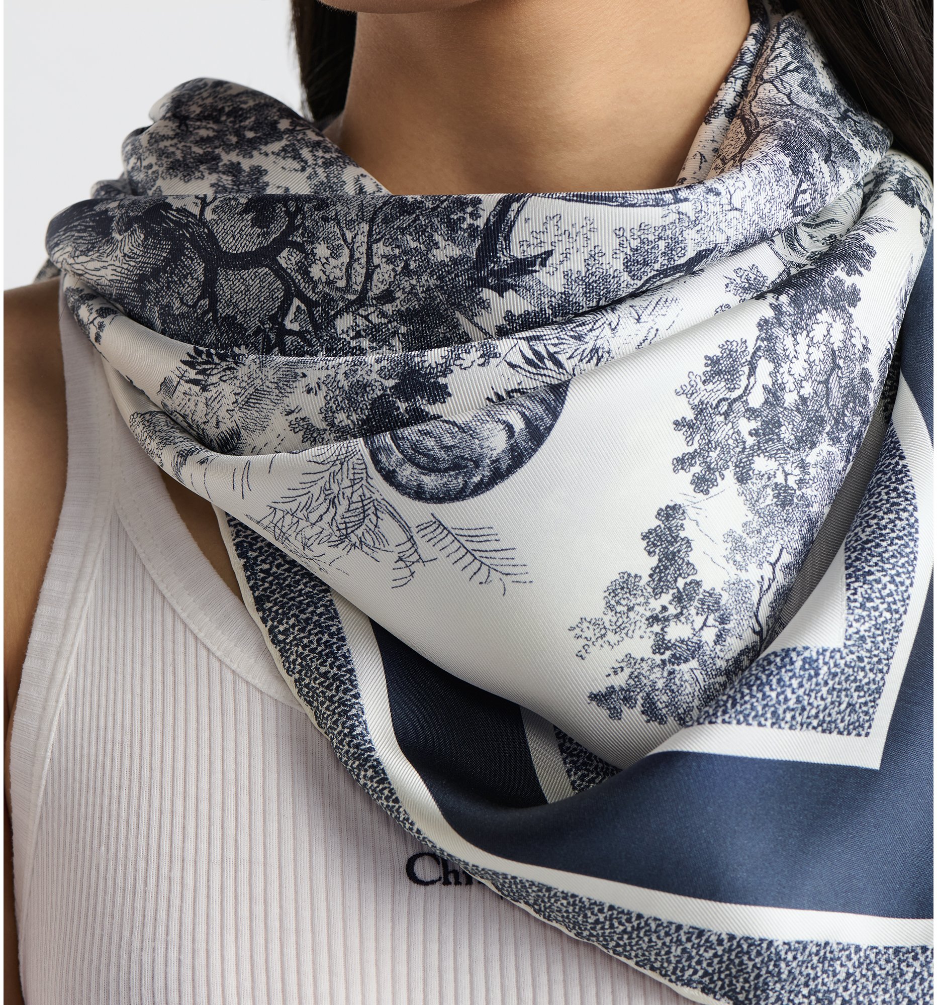 Toile de Jouy Sauvage 90 Square Scarf Ivory and Navy Blue