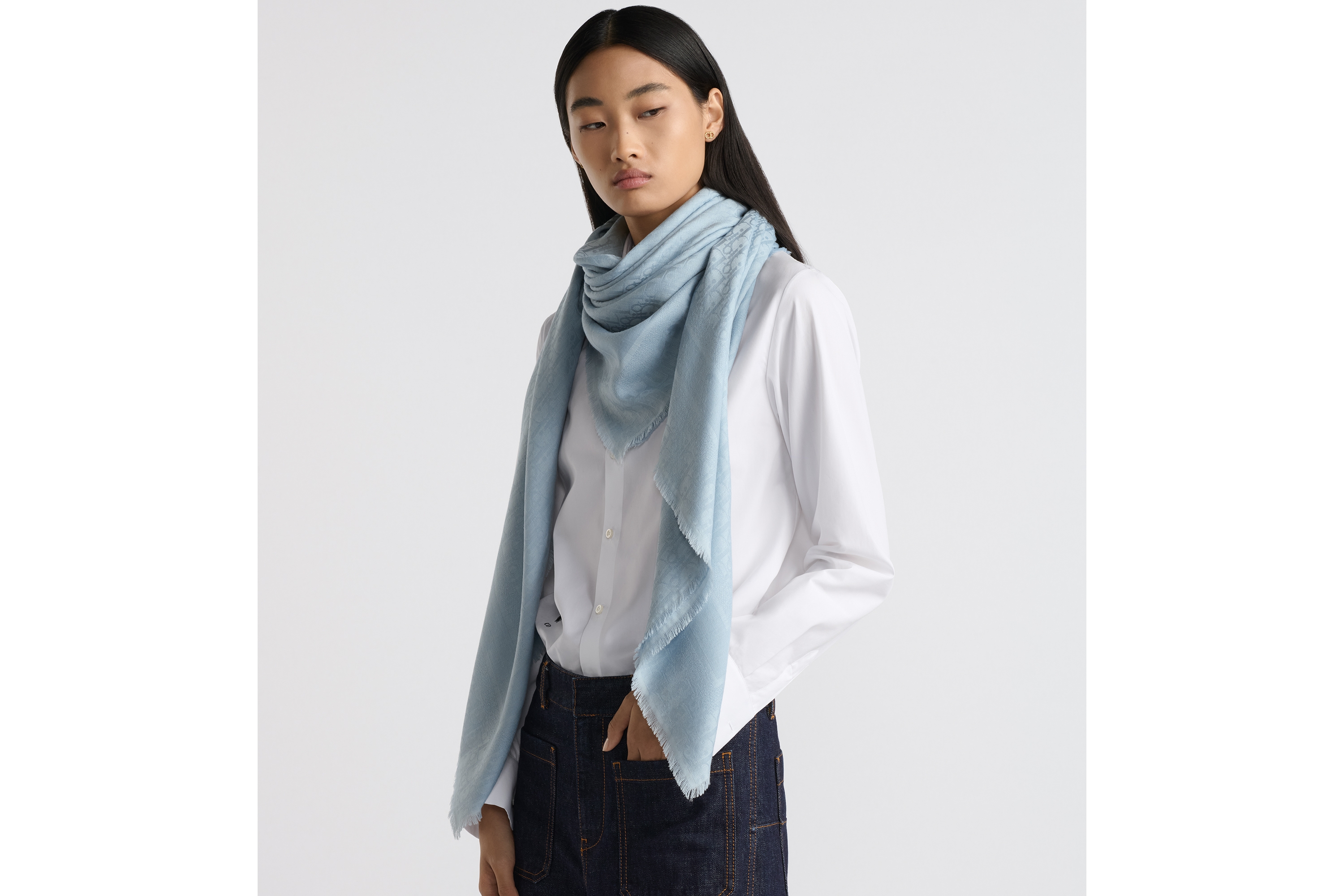 look_image_alt_prefix شال Dior Oblique مزيج من الصوف والحرير والكشمير بلون خطّ الأفق الأزرق E04