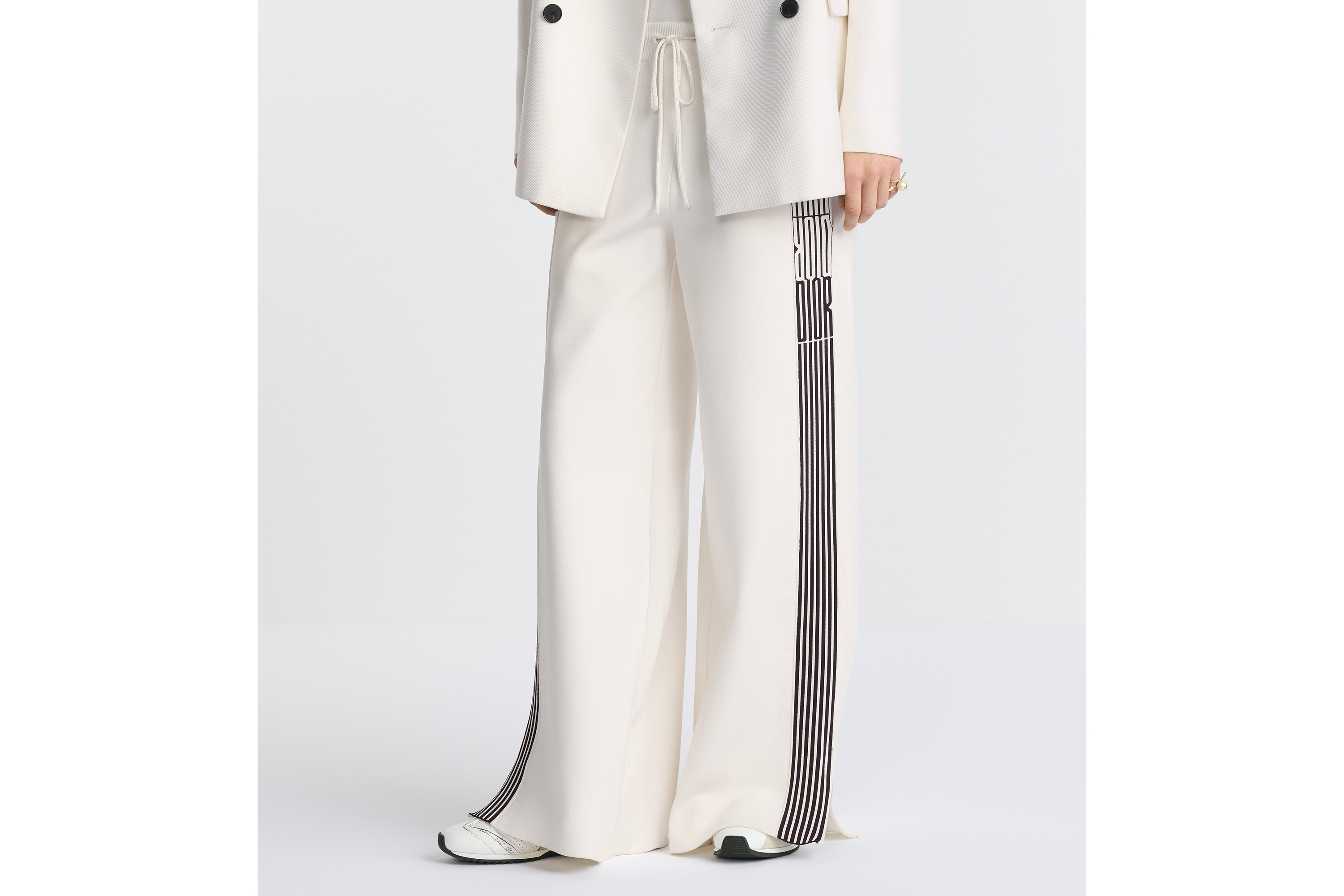 Look Flared Pants Ecru Compact Technical Knit with Black Dior Graphique Motif E14