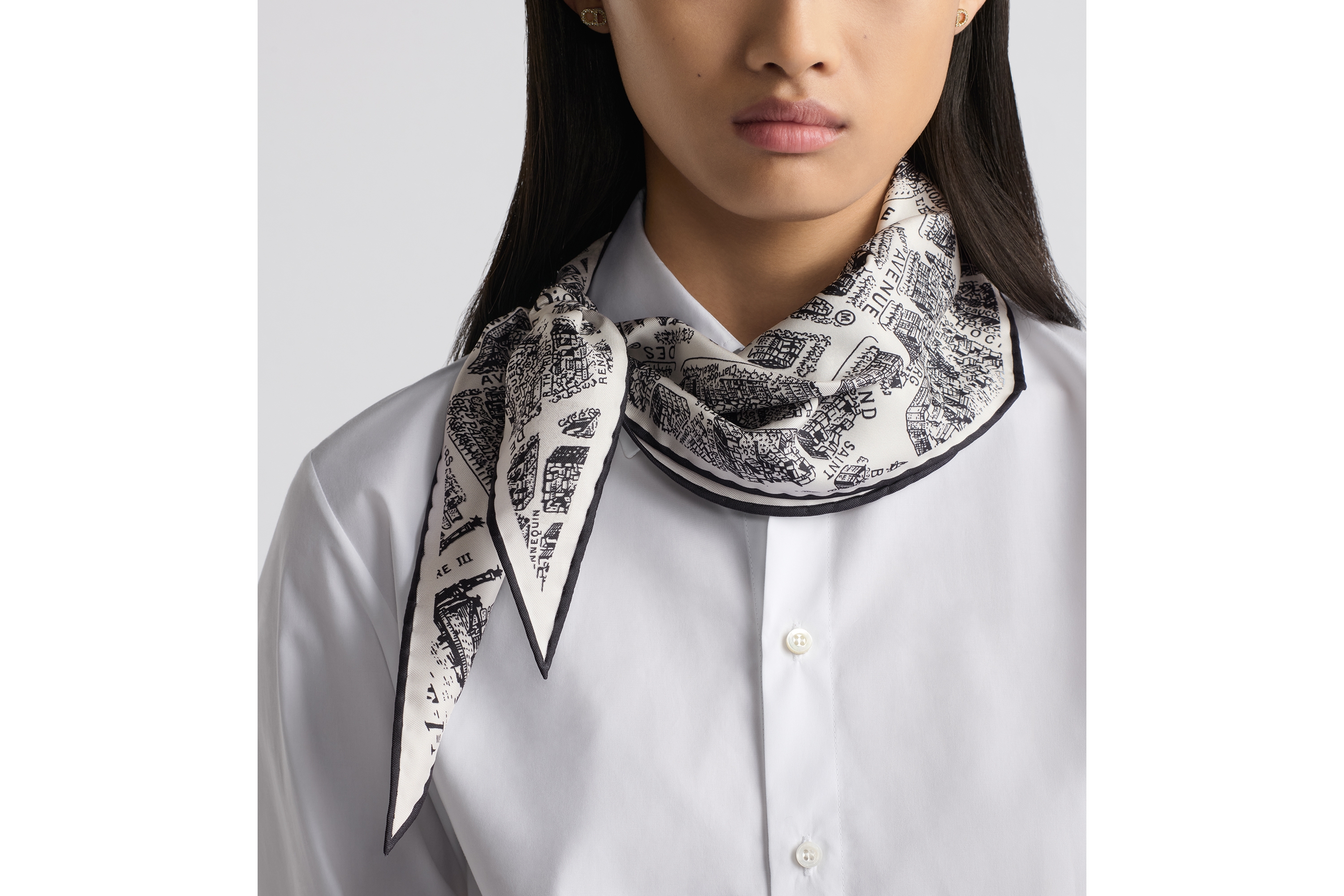 look_image_alt_prefix ผ้าพันคอ Dior Diamond รุ่น Plan de Paris ผ้าไหมทวิลล์สีขาวกับสีดำ E12