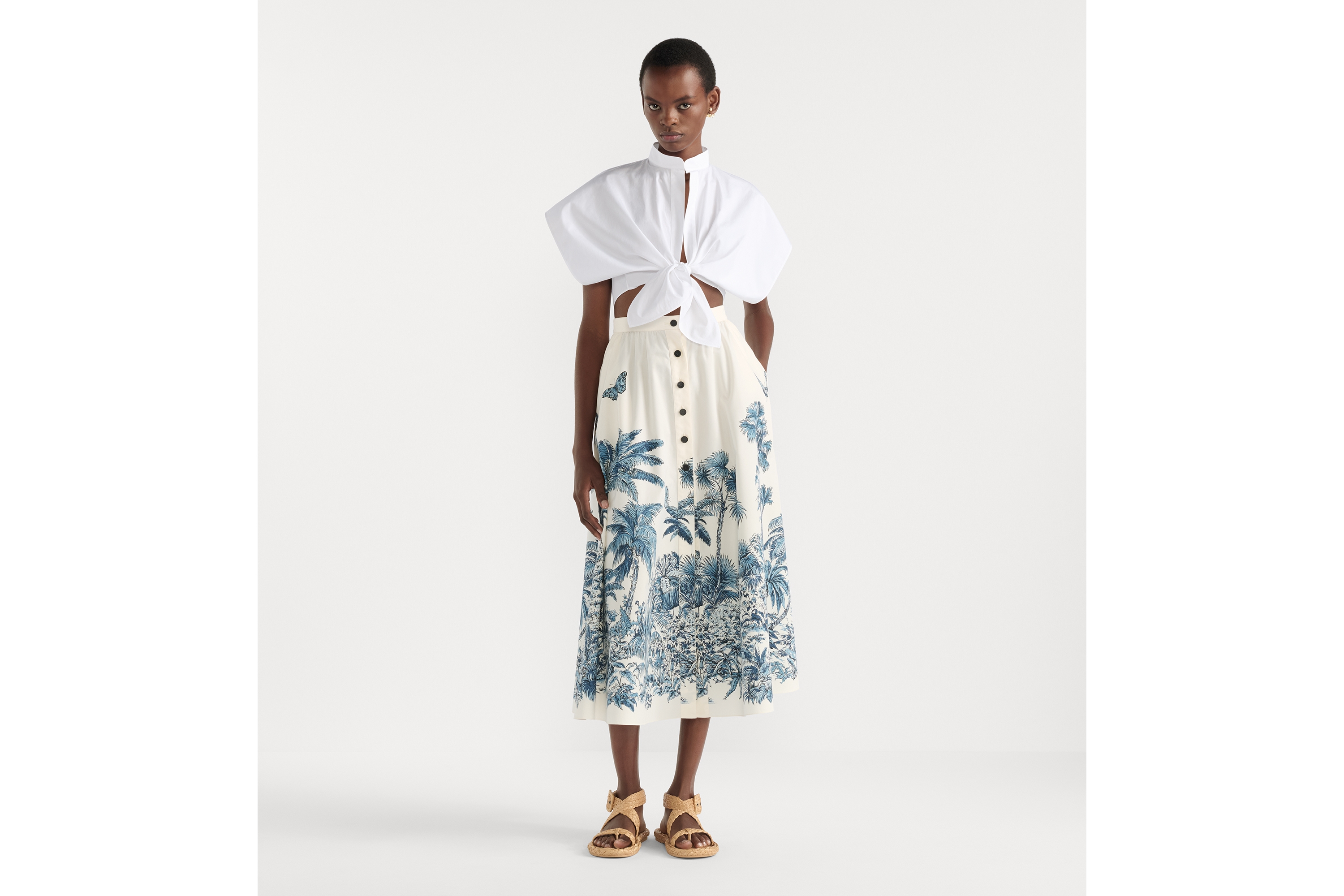 Look Dioriviera Mid-Length Flared Skirt White and Blue Toile de Jouy Palms Cotton and Silk Poplin E01
