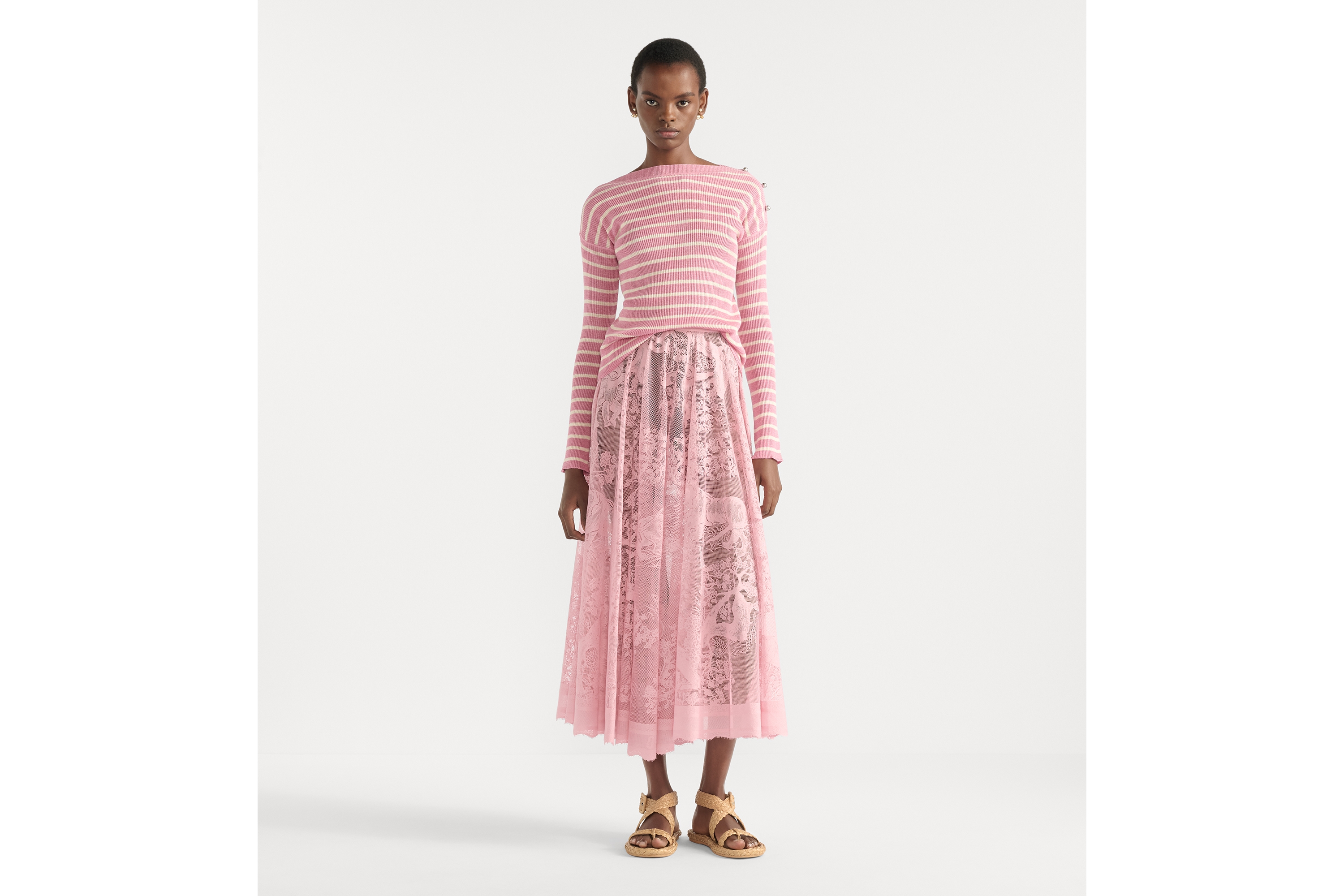 look_image_alt_prefix Saia Dioriviera evasê mídi Renda com mescla de algodão Toile de Jouy Sauvage rosa-flor de cerejeira E01