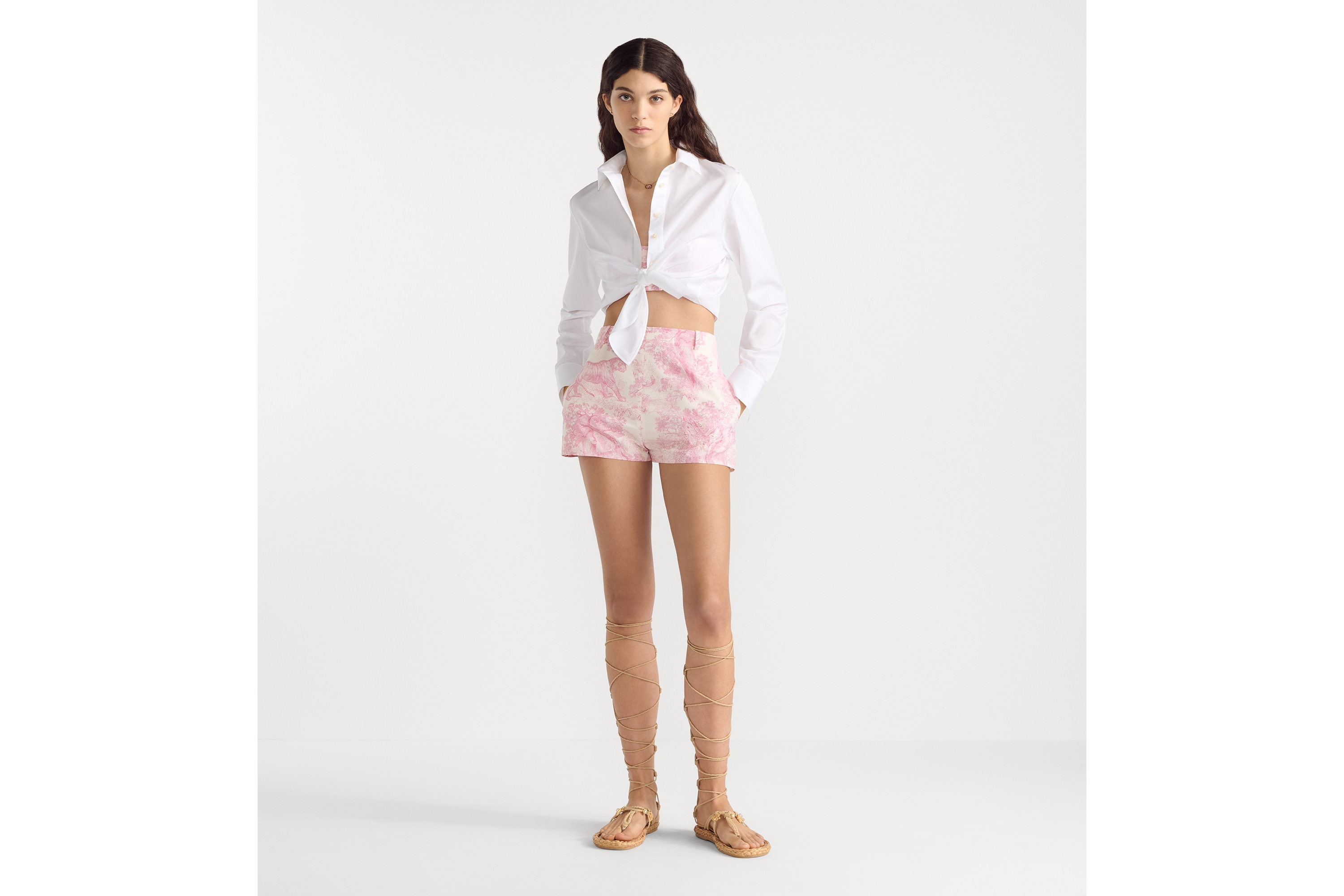Dioriviera Shorts White Cotton and Silk Poplin with Cherry Blossom Pink Toile de Jouy Sauvage Motif E01