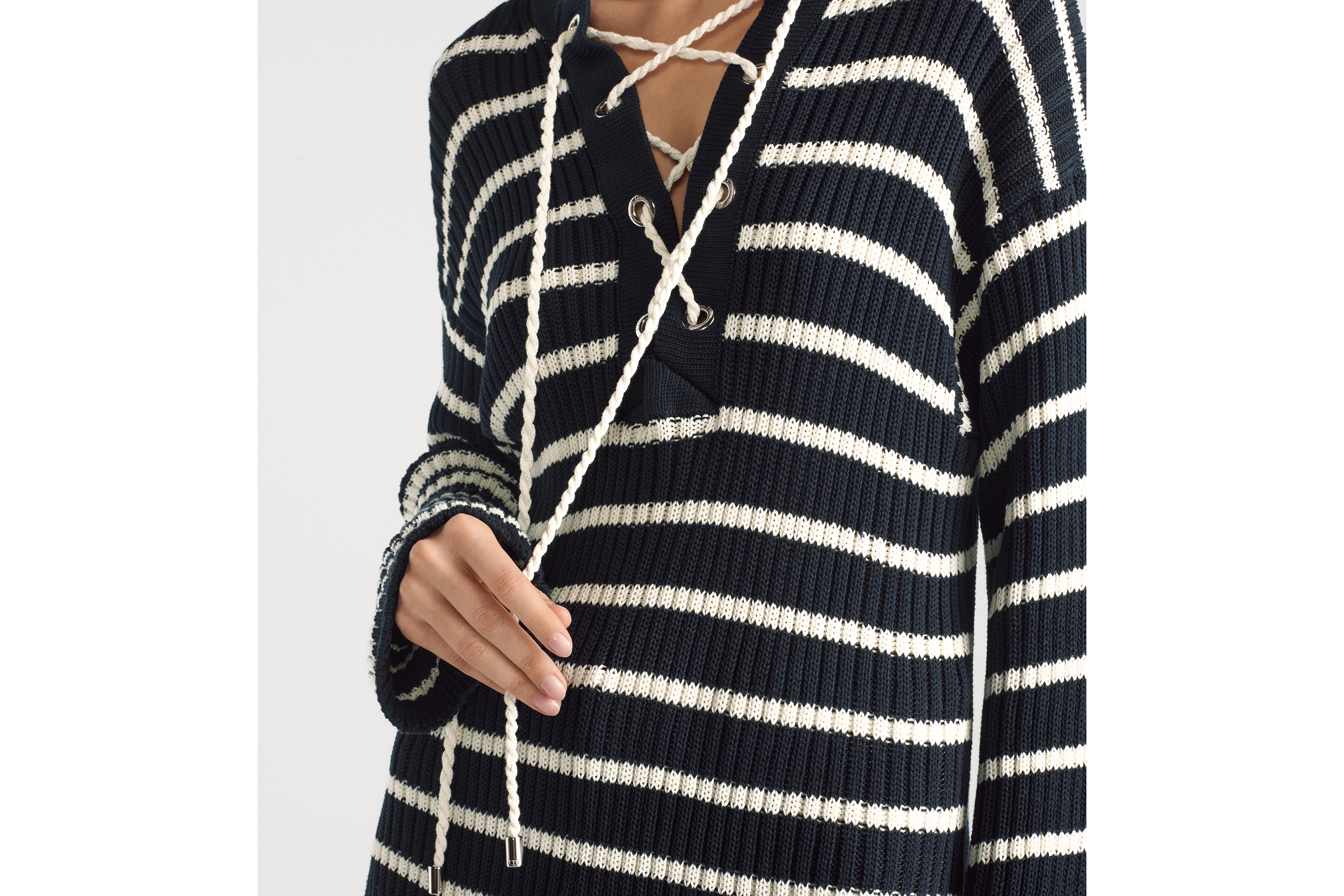 Look Dioriviera Long Sweater Navy Blue and White D-Stripes Cotton Knit E05
