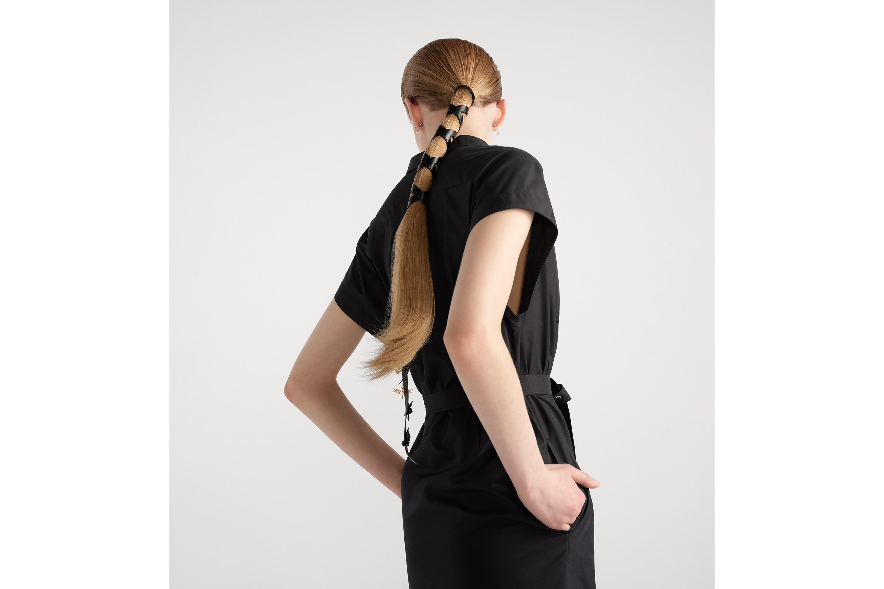 Look Mid-Length Belted Dress Black Cotton and Silk Poplin E06