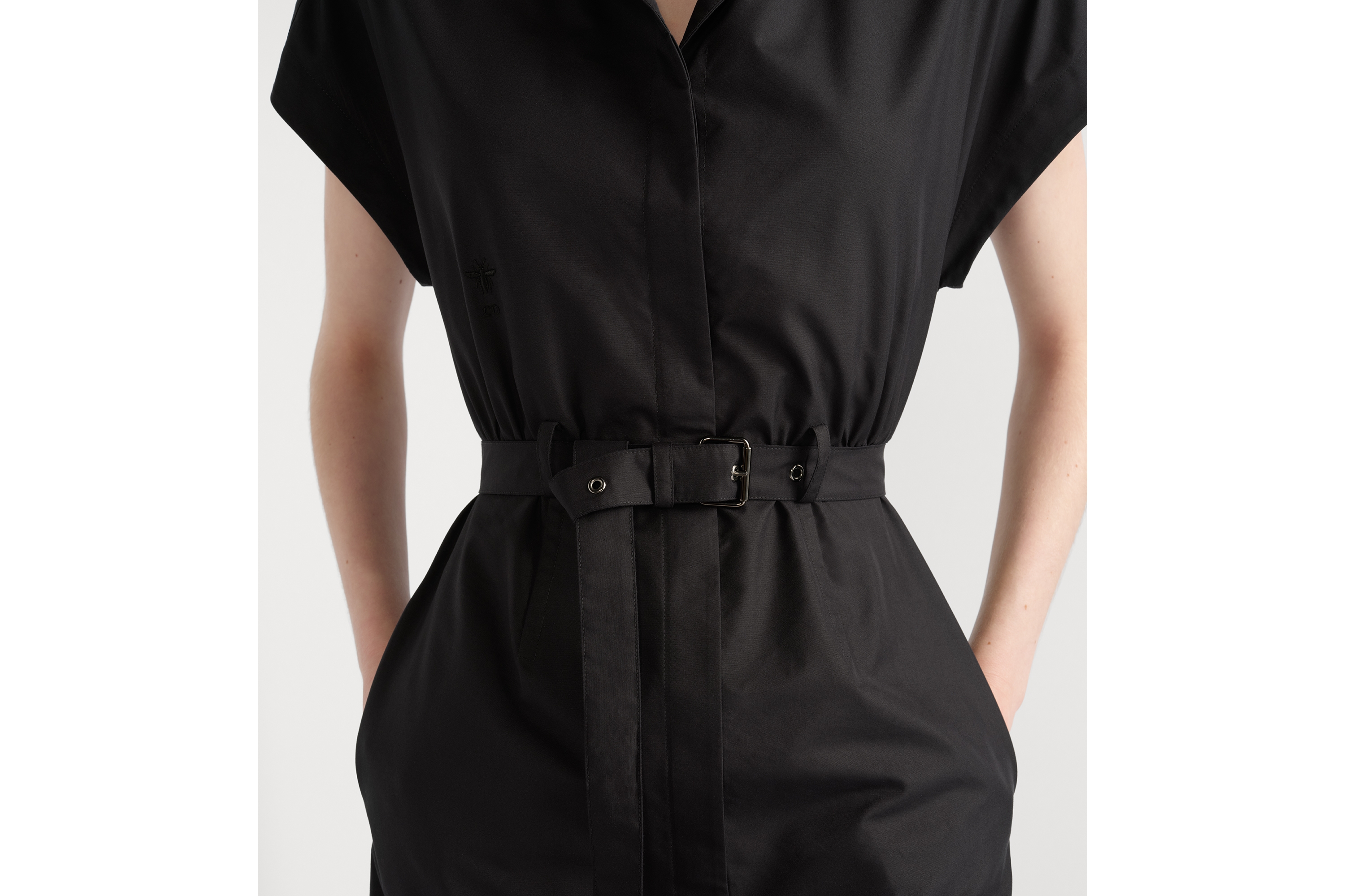 Look Mid-Length Belted Dress Black Cotton and Silk Poplin E13