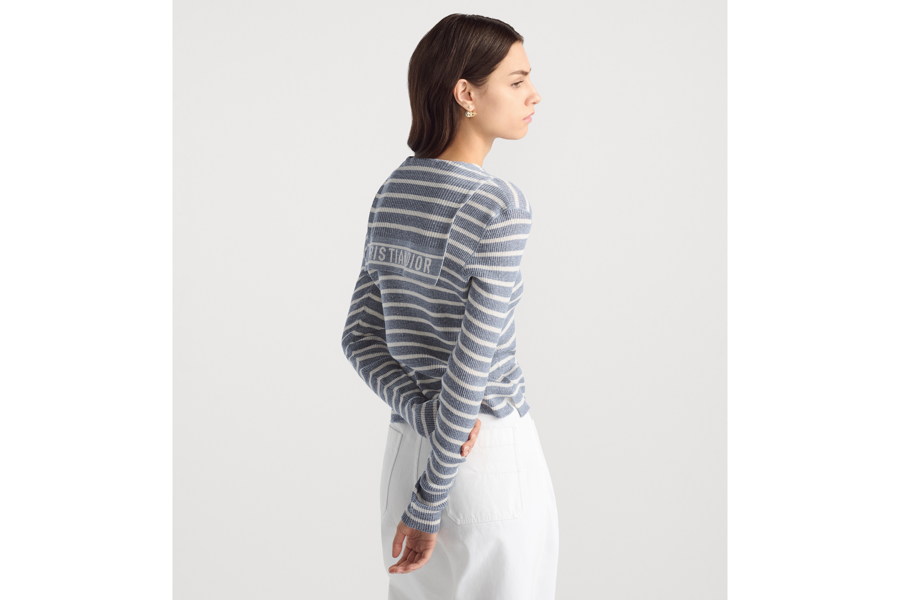 Look Dioriviera Sweater with Lace-Up Neckline Denim Blue and Ecru D-Stripes Linen and Silk Knit E06