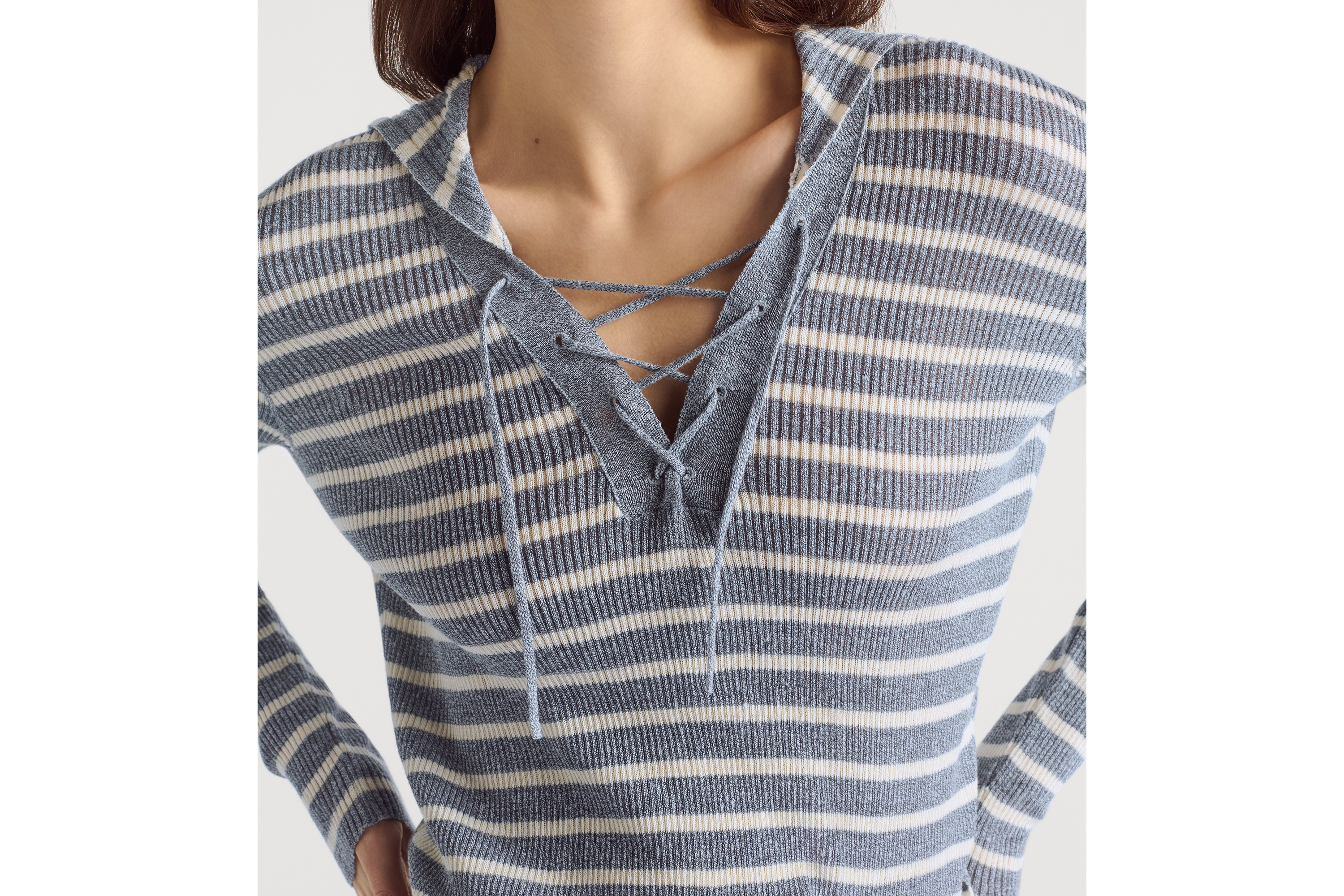 Look Dioriviera Sweater with Lace-Up Neckline Denim Blue and Ecru D-Stripes Linen and Silk Knit E12