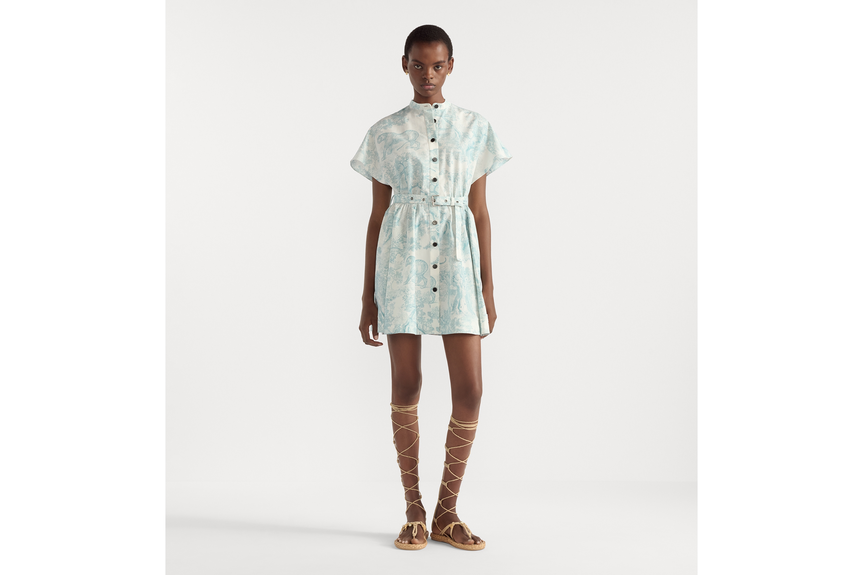 Look Robe-chemise courte Dioriviera Popeline de coton et soie blancs à motif Toile de Jouy Sauvage vert muguet E01