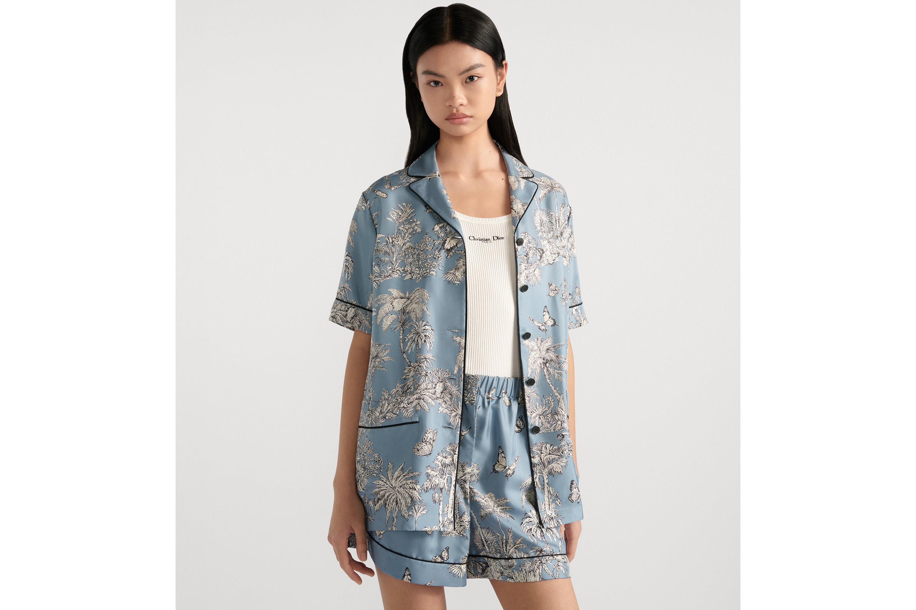 Camisa Dioriviera com mangas curtas Twill de seda azul-celeste com motivo Toile de Jouy Palms branco E04