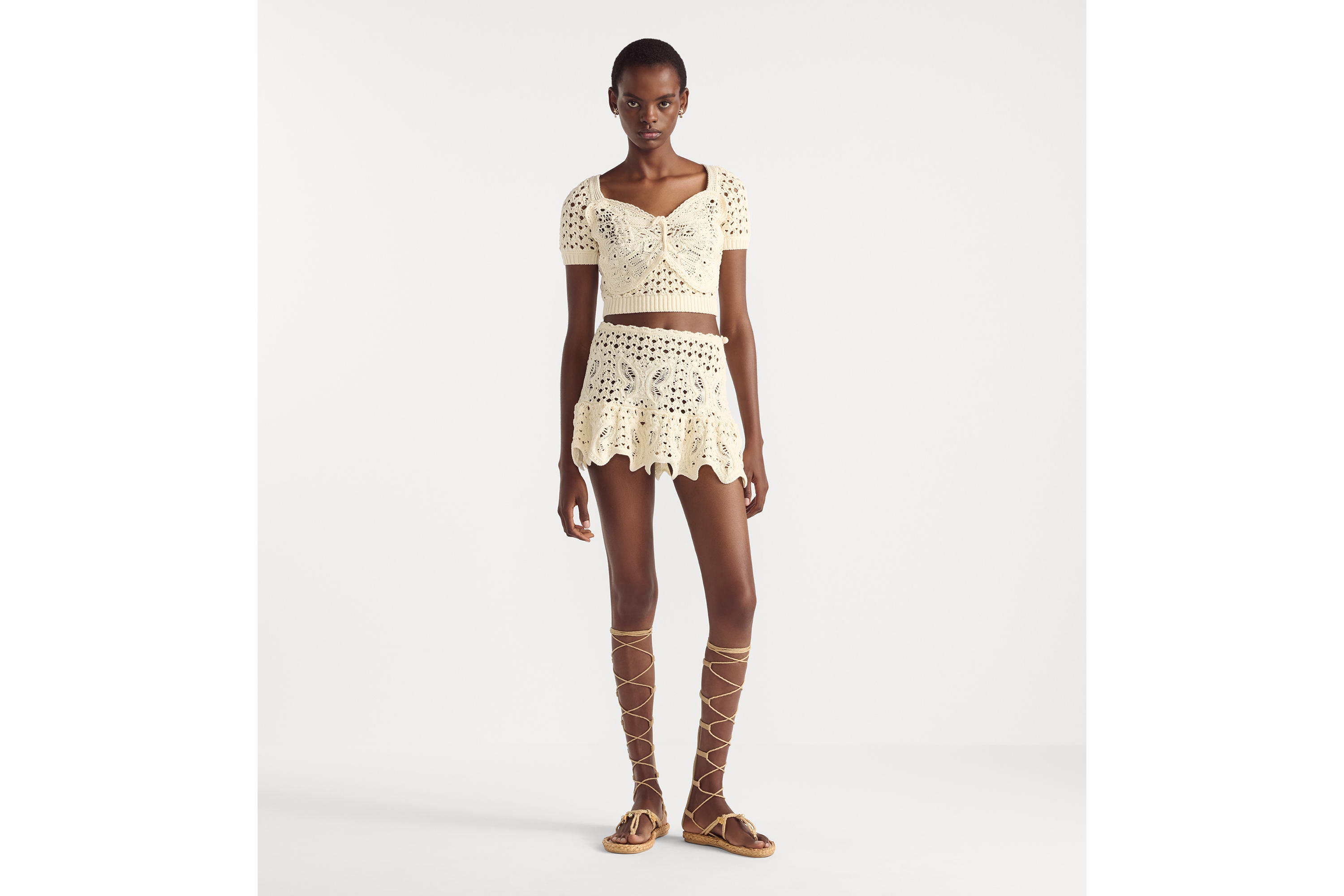 look_image_alt_prefix Top corto Dioriviera Maglia di misto cotone écru effetto uncinetto e motivo con farfalle E01