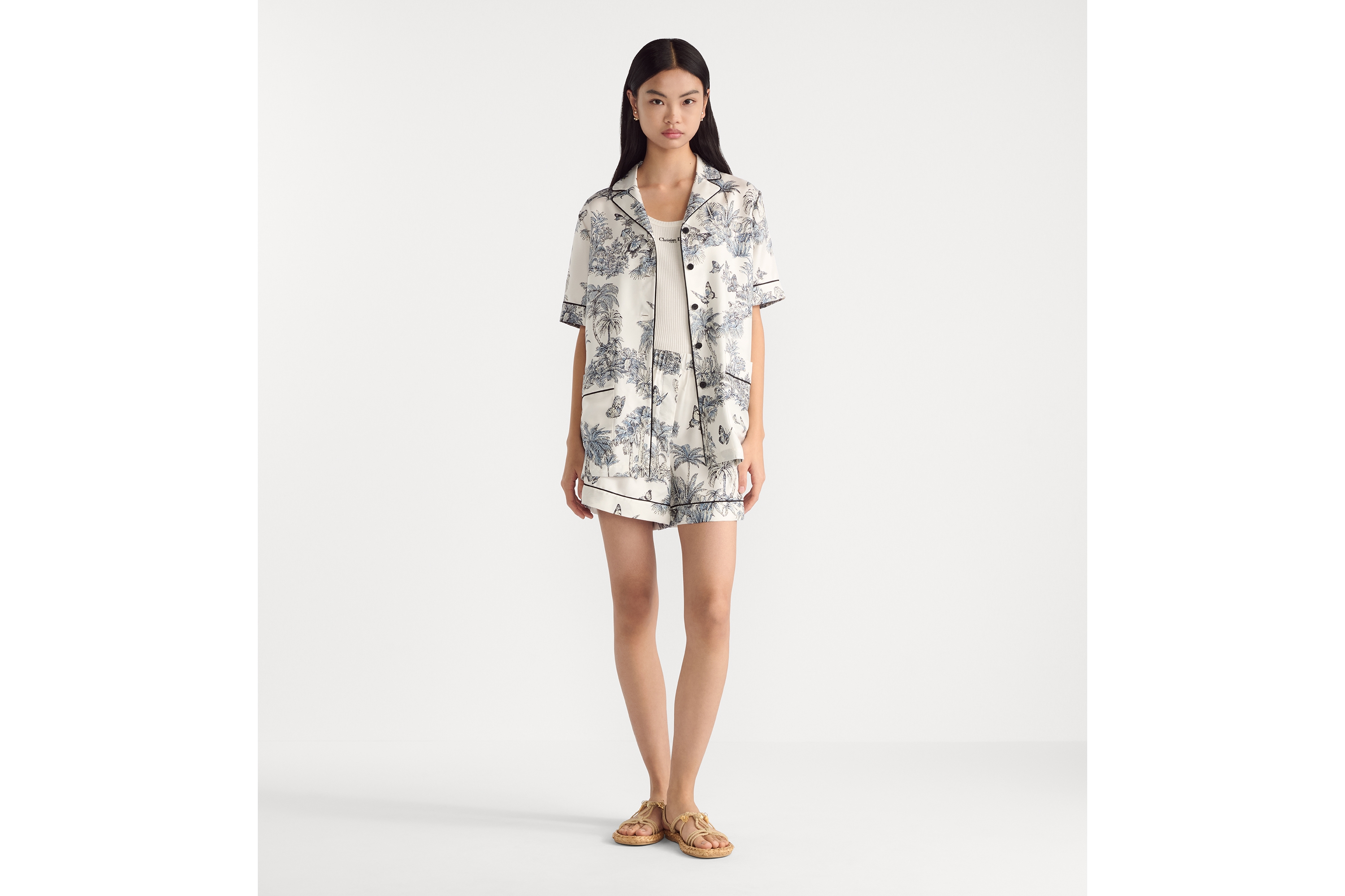 Look Dioriviera Short-Sleeved Shirt White and Blue Toile de Jouy Palms Silk Twill E01