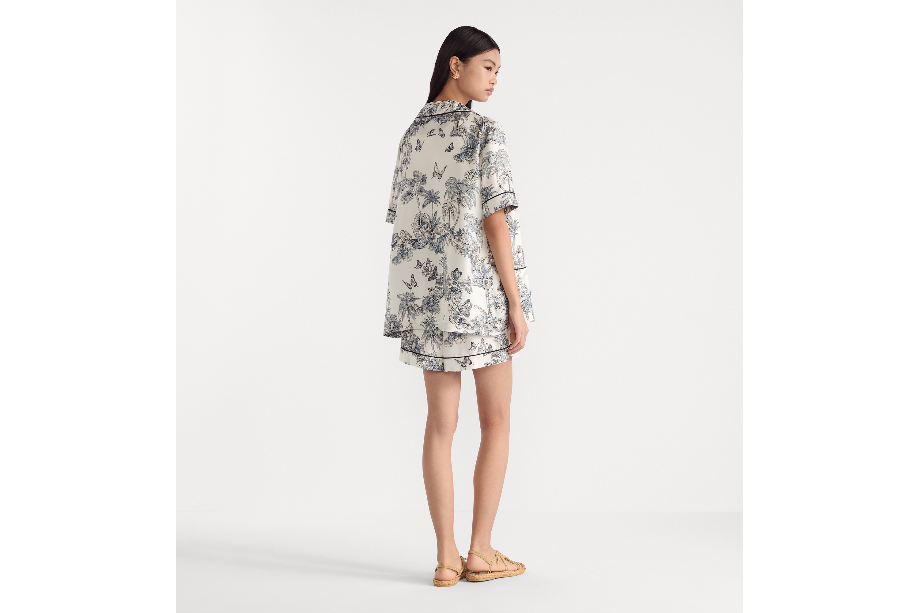 Look Dioriviera Short-Sleeved Shirt White and Blue Toile de Jouy Palms Silk Twill E03