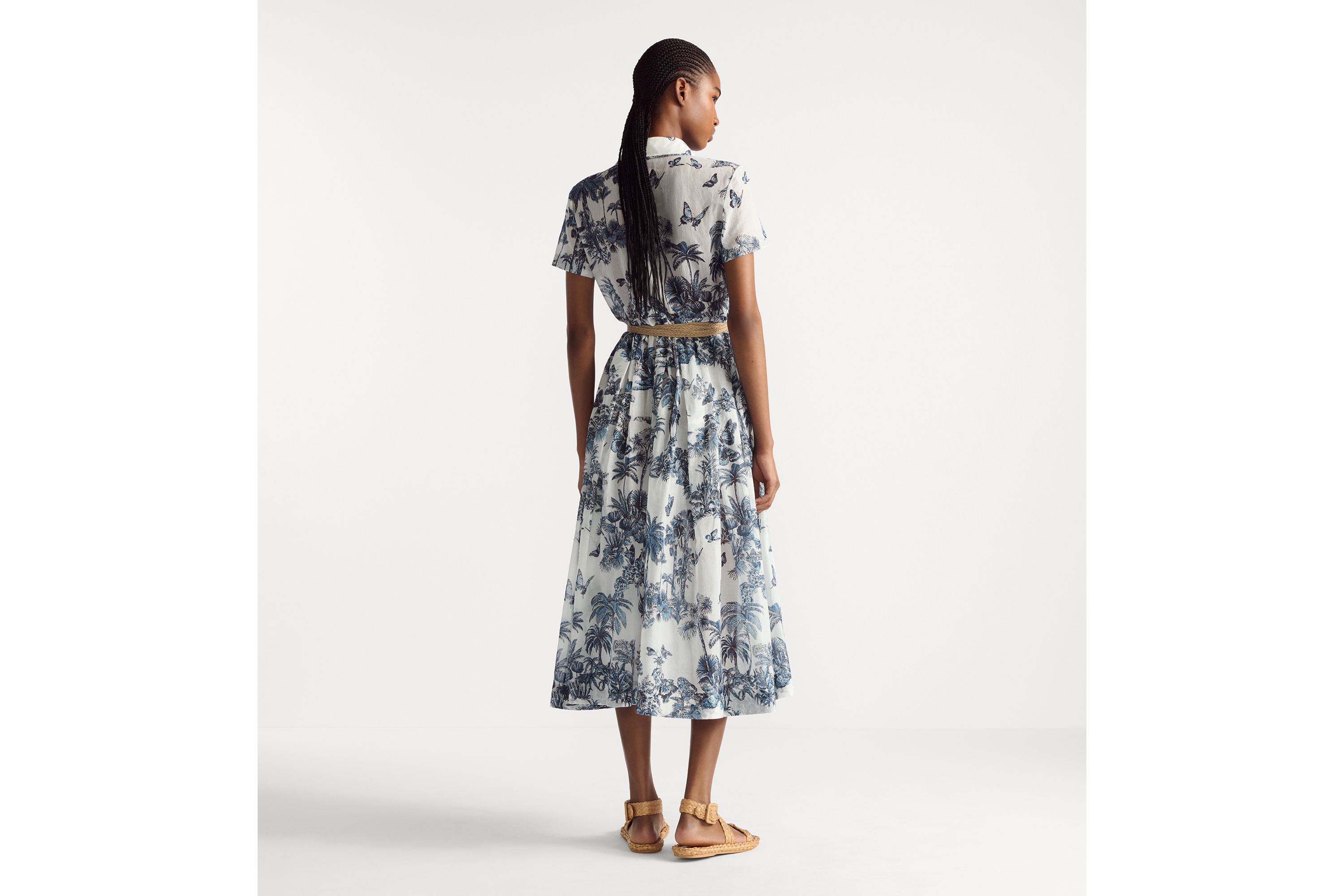 Look Dioriviera Mid-Length Shirtdress White and Blue Toile de Jouy Palms Cotton Muslin E03