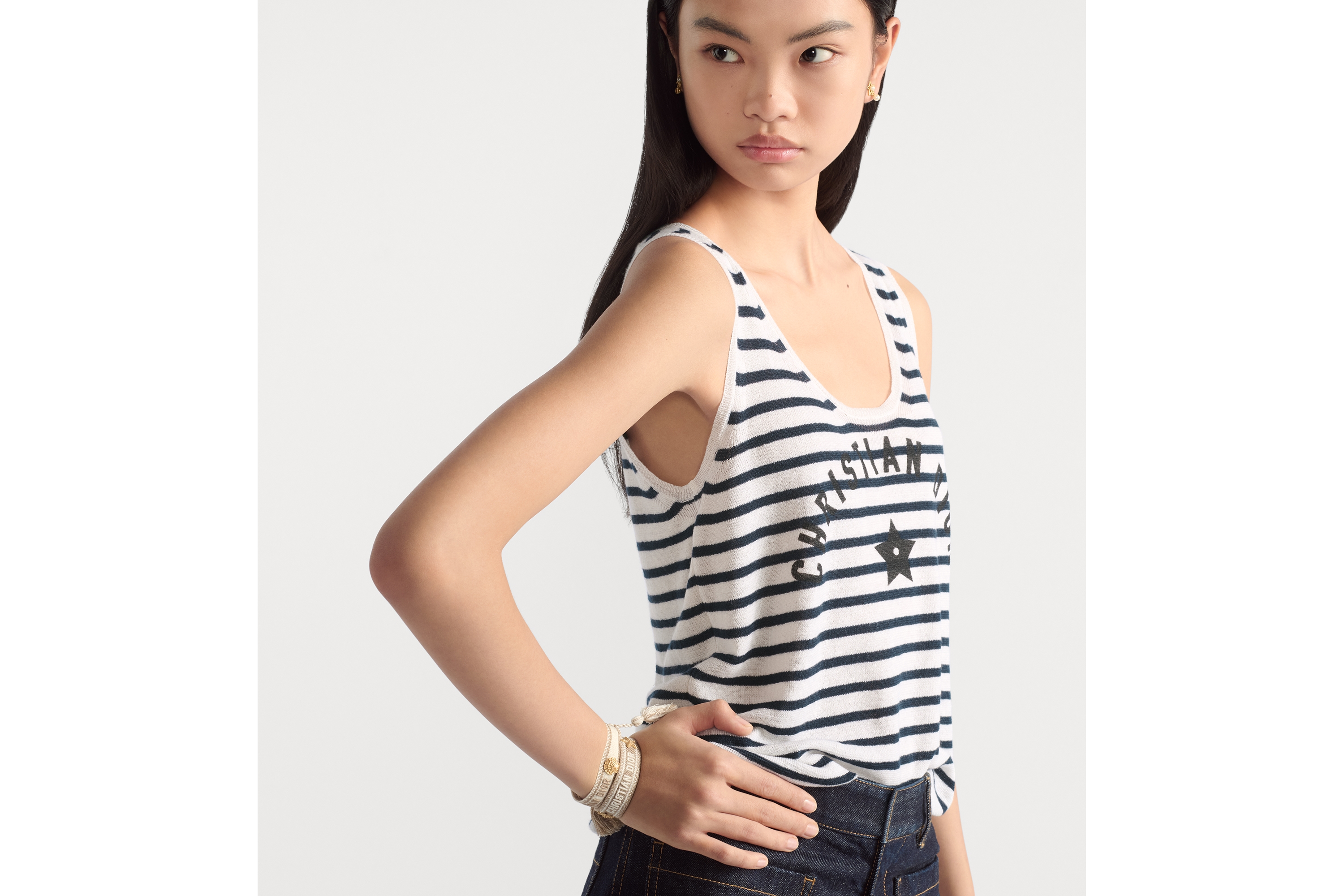 Dioriviera Tank Top Ecru and Navy Blue D-Stripes Linen, Cashmere and Silk E05