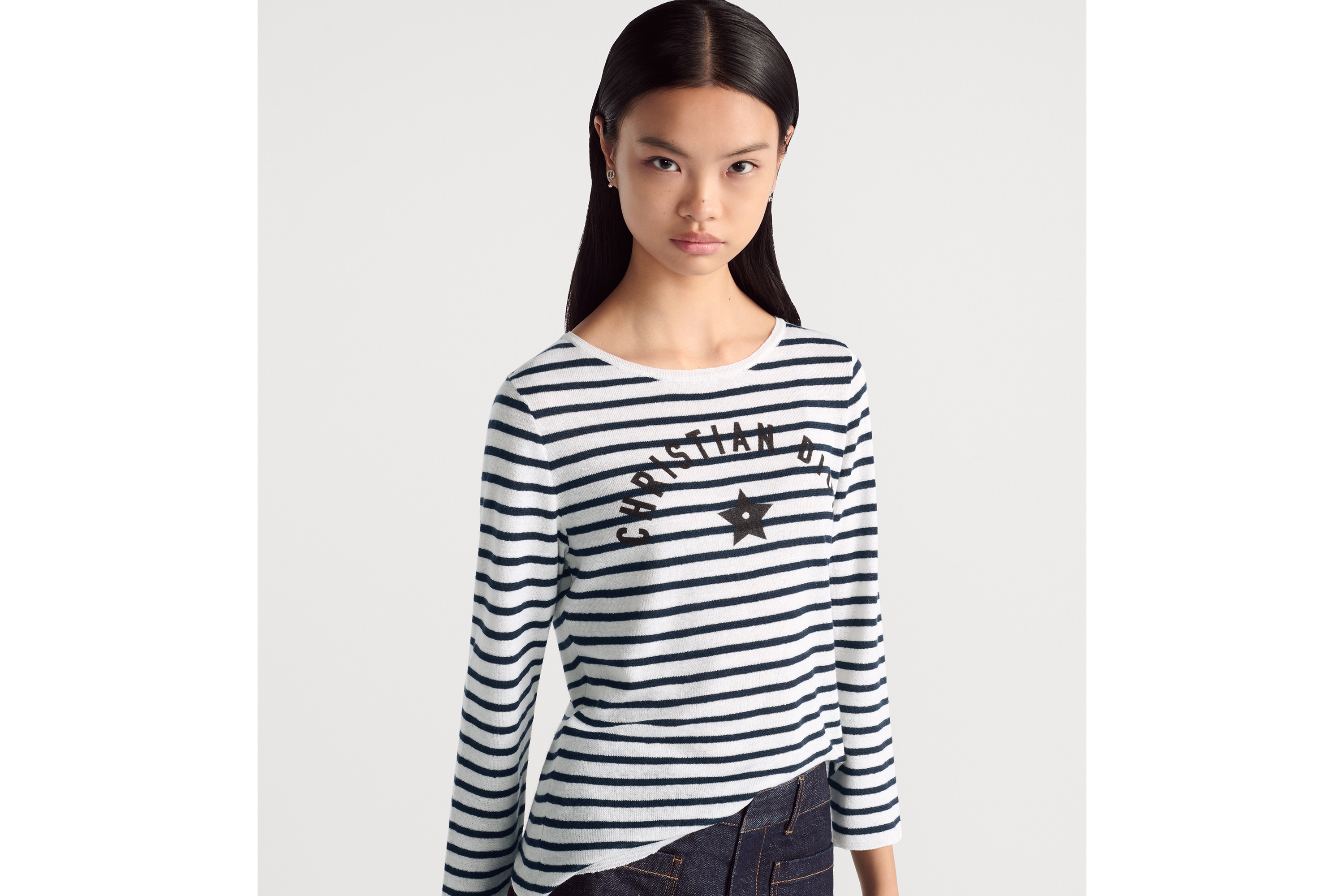 Look Dioriviera Sweater White and Navy Blue D-Stripes Linen, Cashmere and Silk E04
