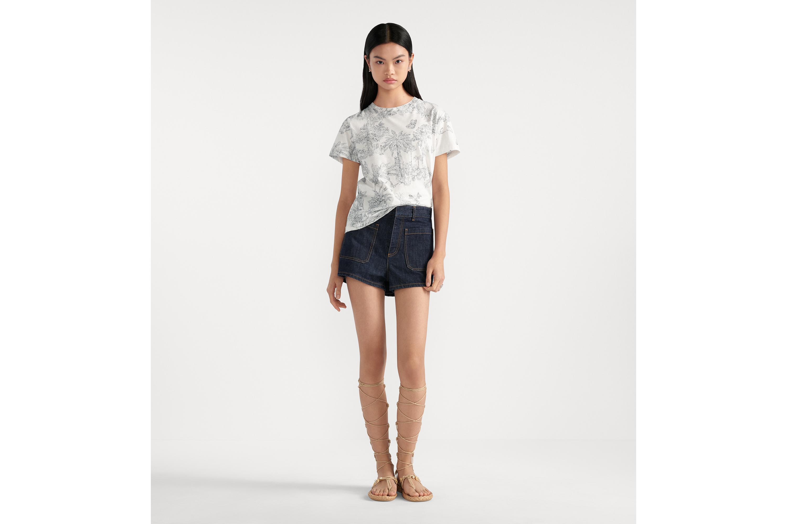 Look Dioriviera T-Shirt White and Blue Toile de Jouy Palms Cotton and Linen Jersey E01