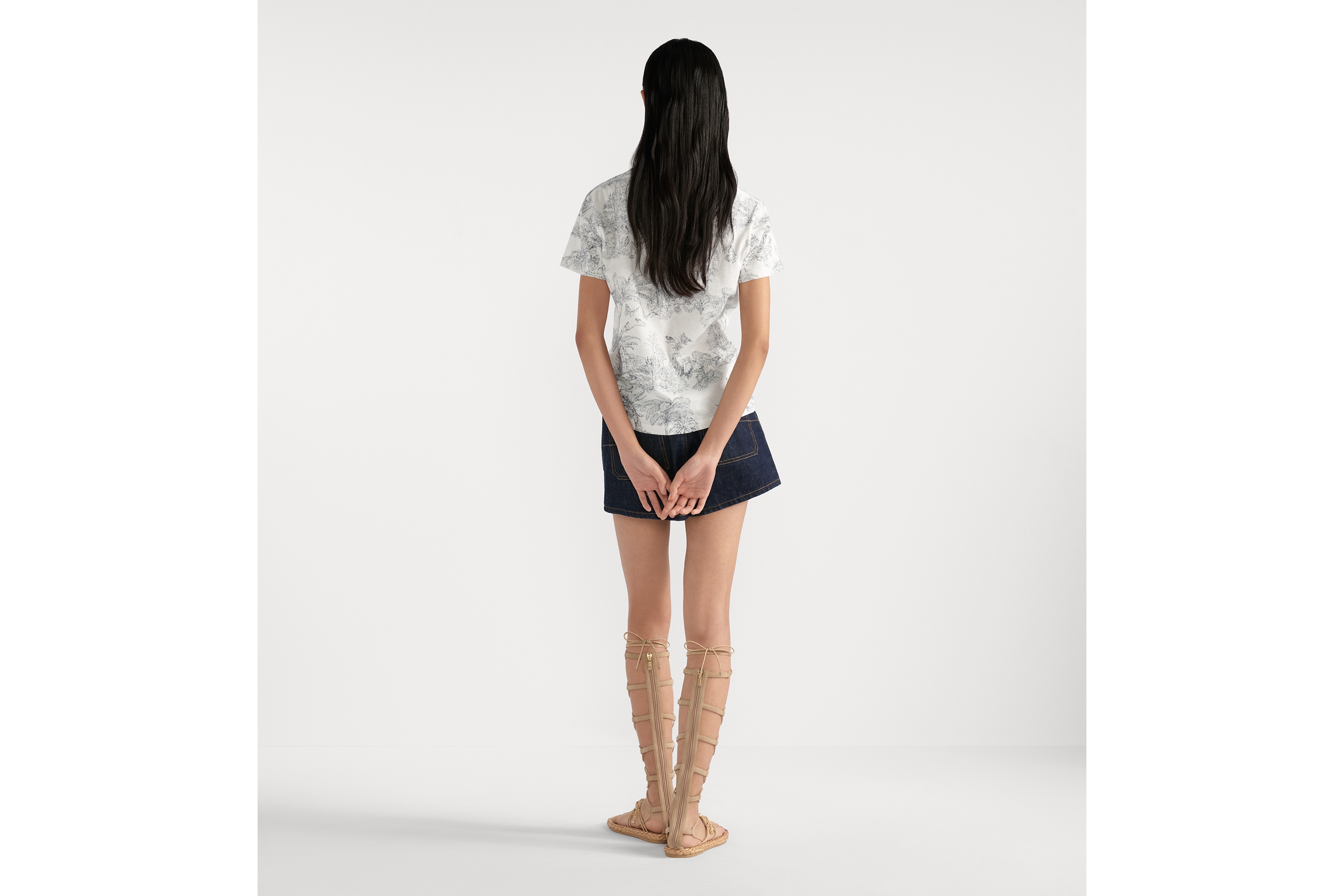 Look Dioriviera T-Shirt White and Blue Toile de Jouy Palms Cotton and Linen Jersey E03