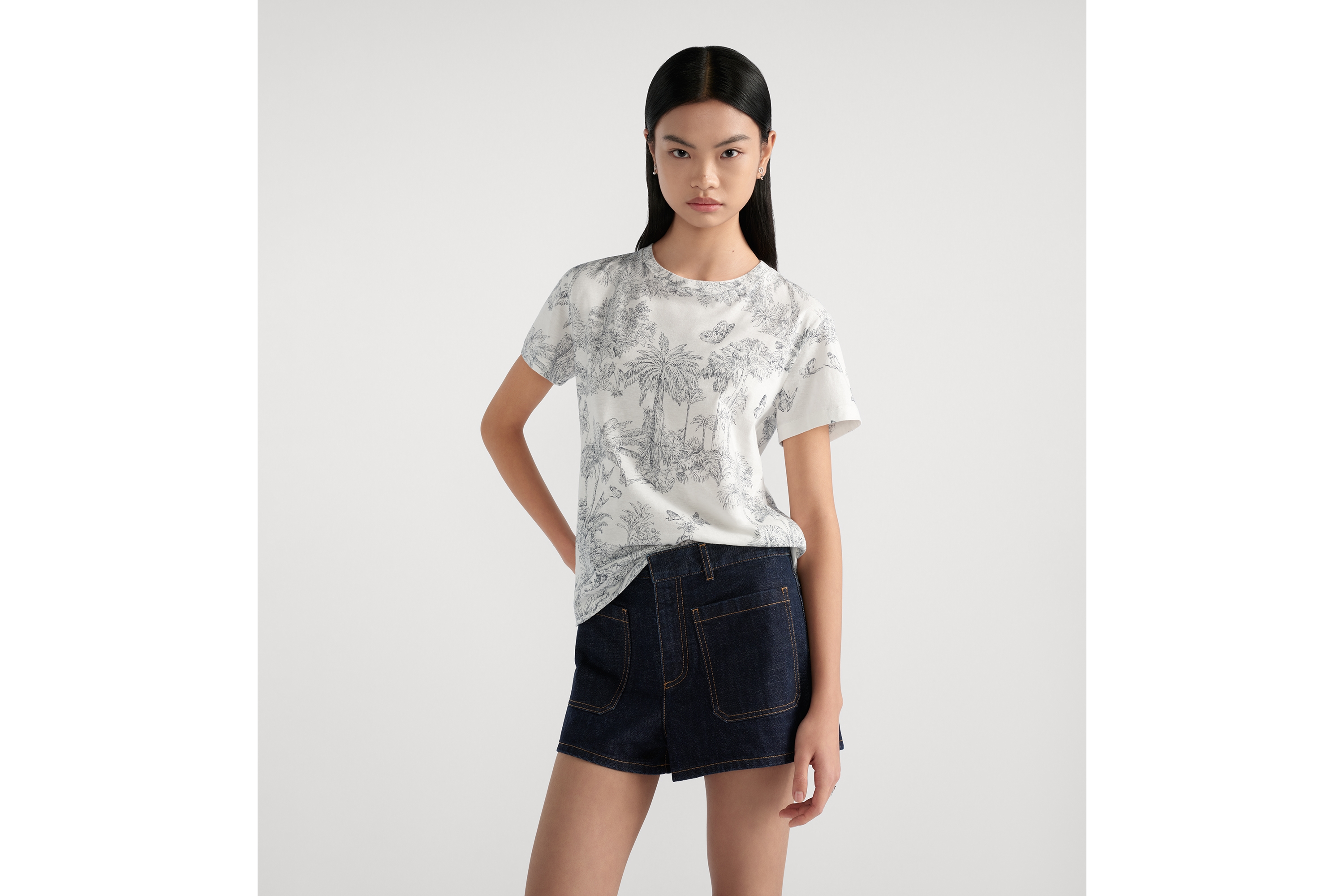 Look Dioriviera T-Shirt White and Blue Toile de Jouy Palms Cotton and Linen Jersey E04