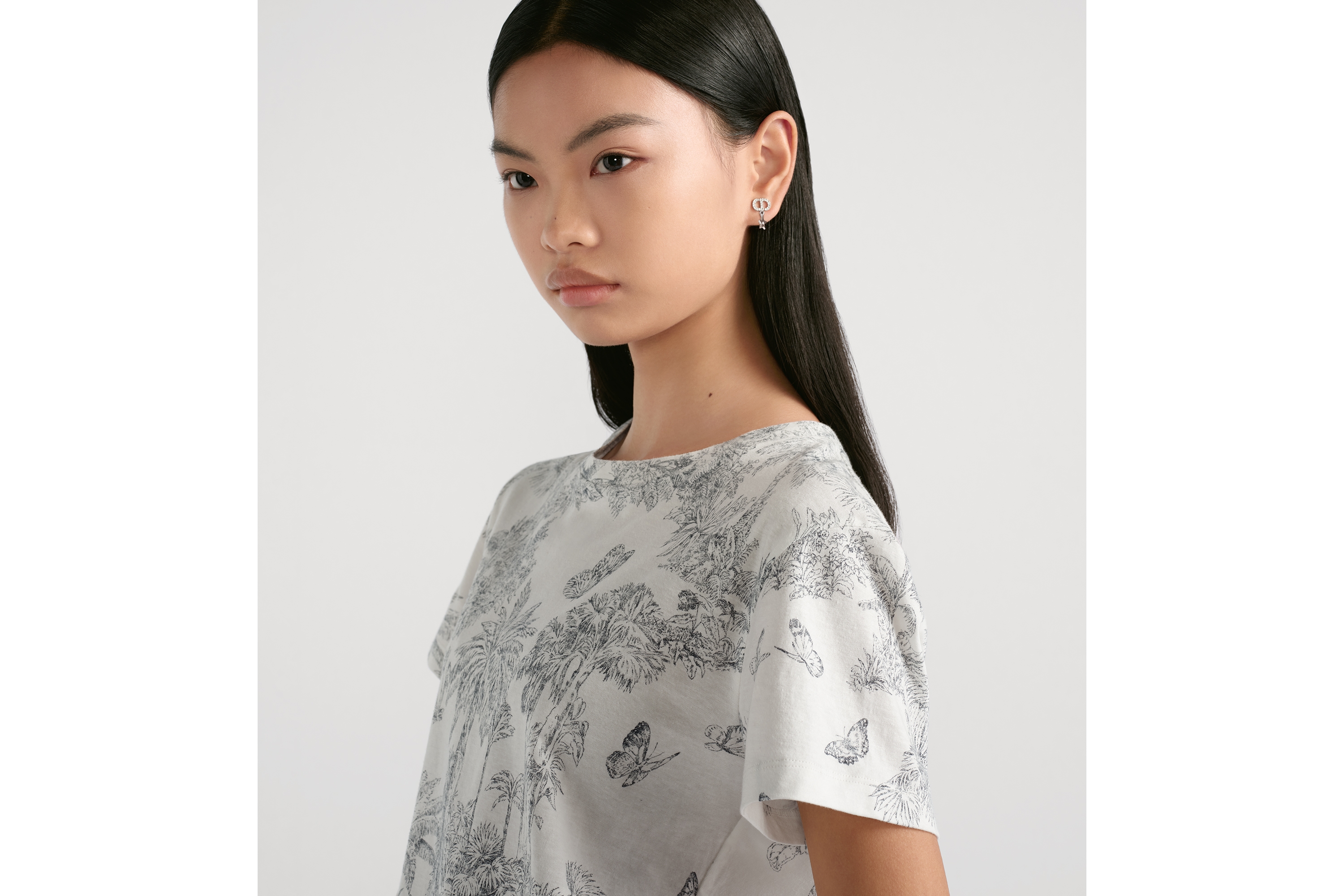 Look Dioriviera T-Shirt White and Blue Toile de Jouy Palms Cotton and Linen Jersey E12